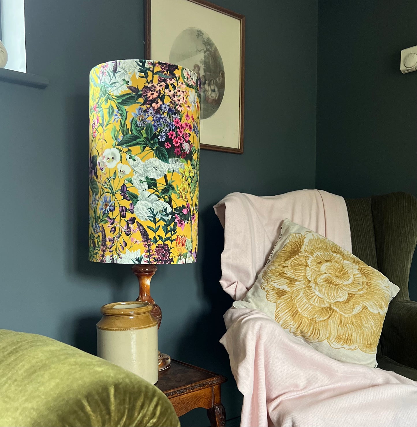 Mustard flowers velvet cylinder lampshade, extra tall lampshade