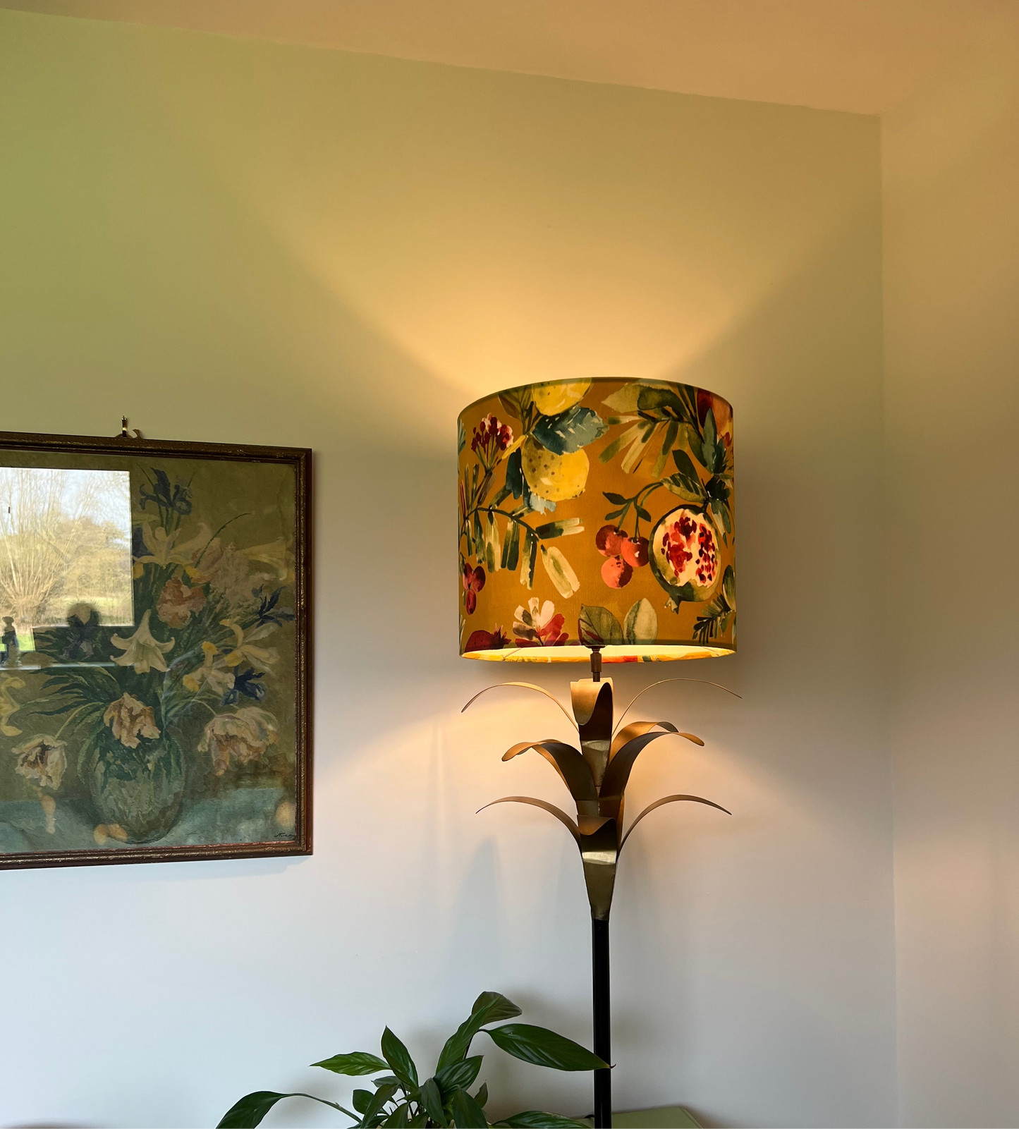 Fruit garden velvet in mustard, drum lampshade /ceiling shade with a white lining