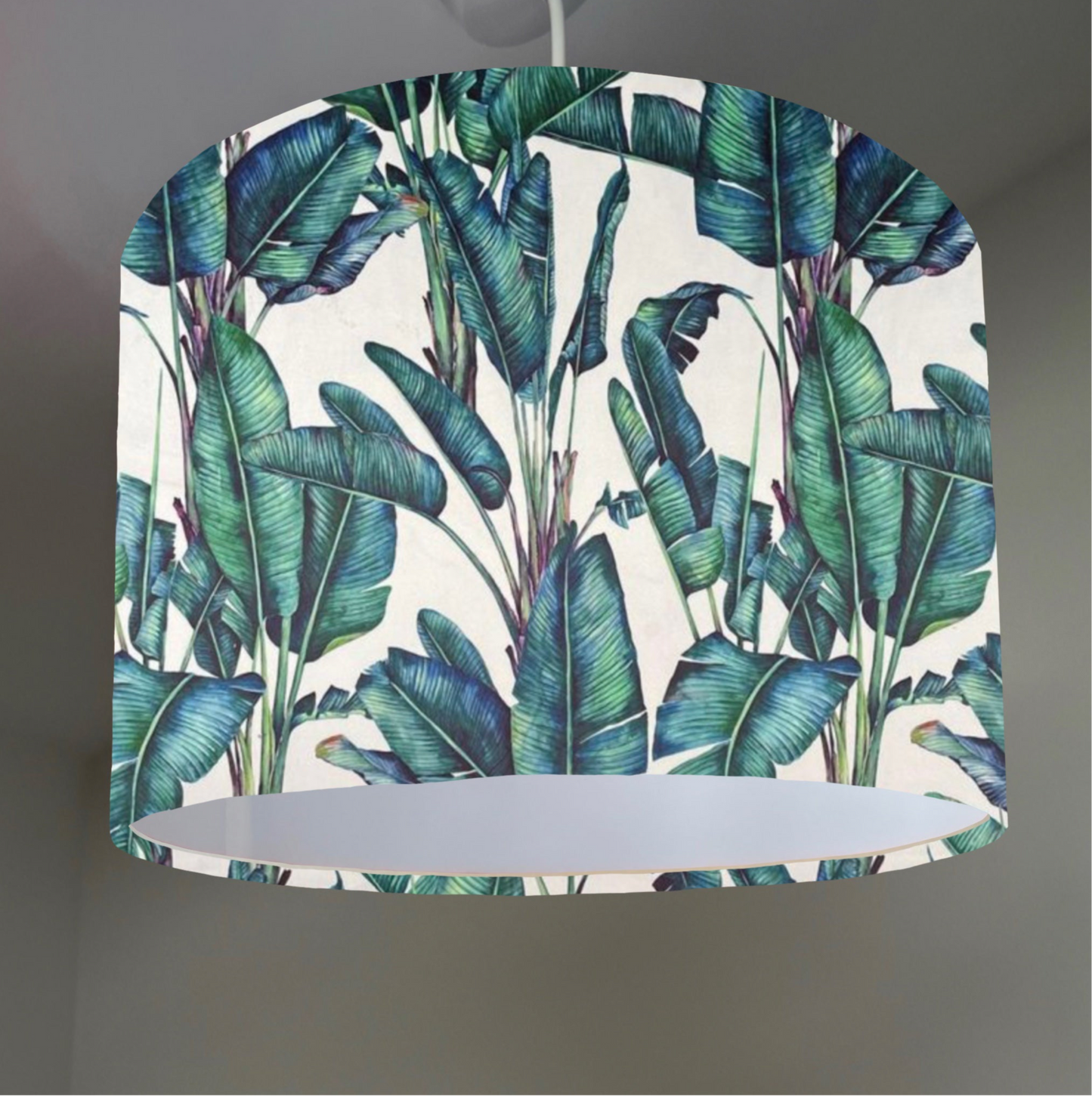 Leaves velvet in white, drum lampshade / ceiling shade, with a white lining