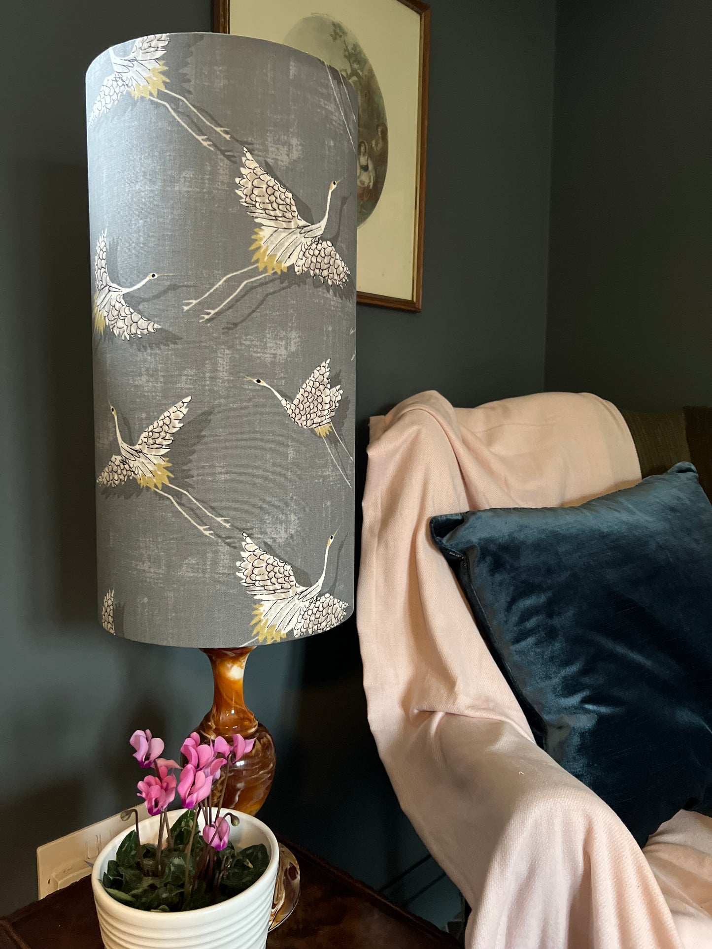 Flying birds in slate cylinder lampshade, in cotton, extra tall lampshade