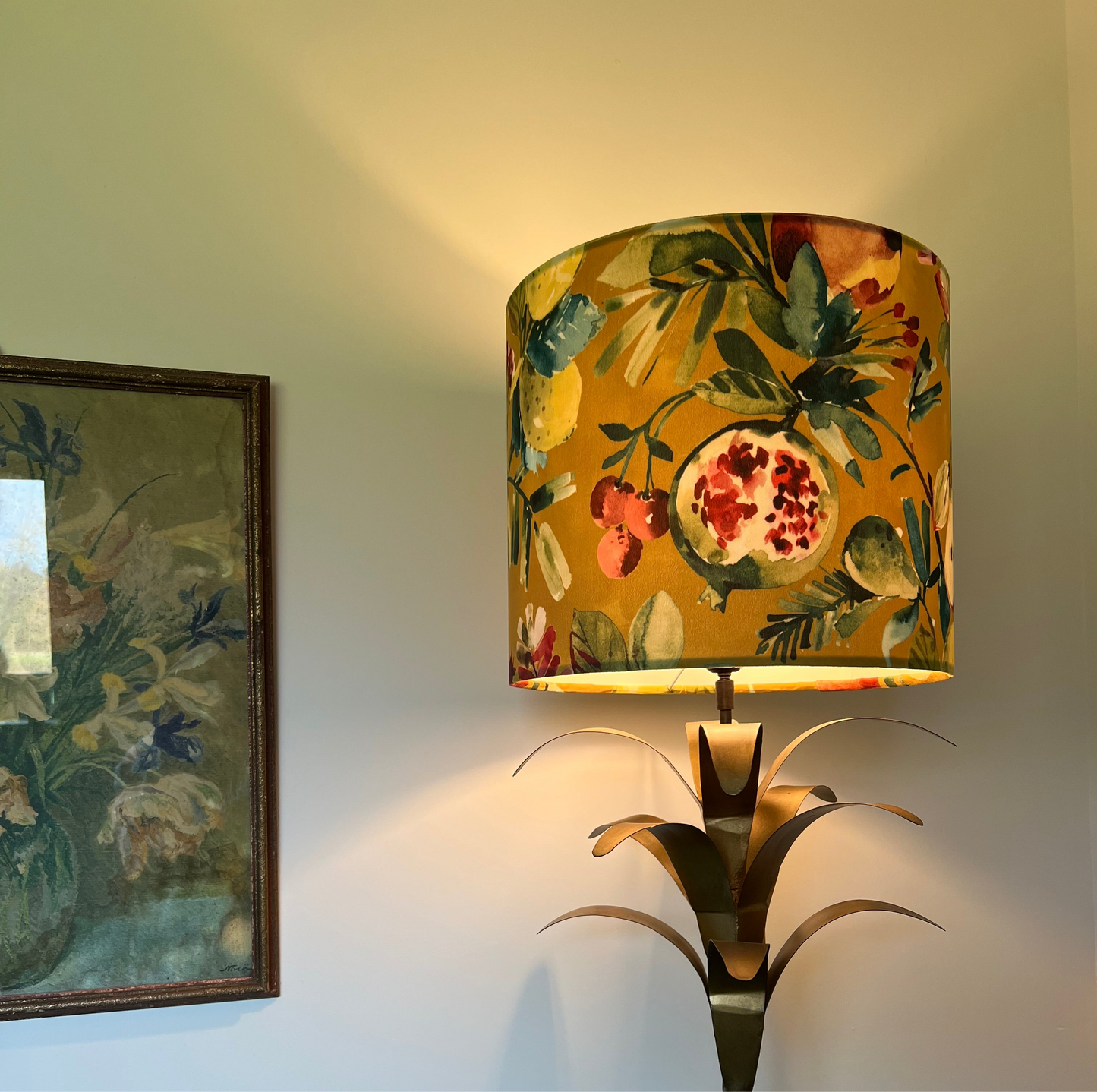 Fruit garden velvet in mustard, drum lampshade /ceiling shade with a white lining