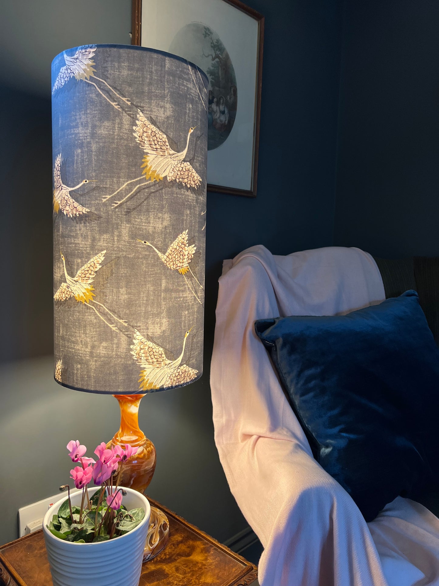Flying birds in slate cylinder lampshade, in cotton, extra tall lampshade