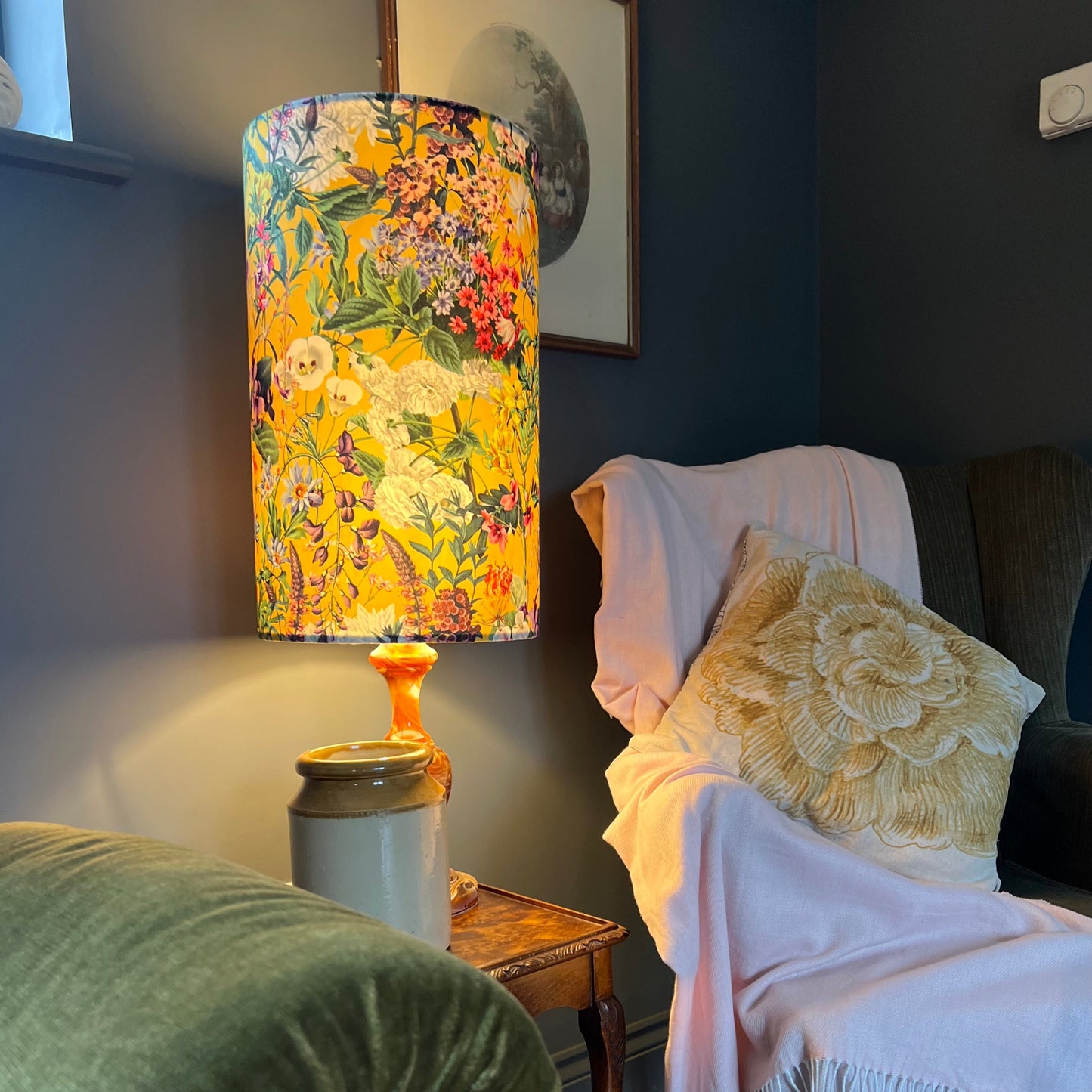 Mustard flowers velvet cylinder lampshade, extra tall lampshade