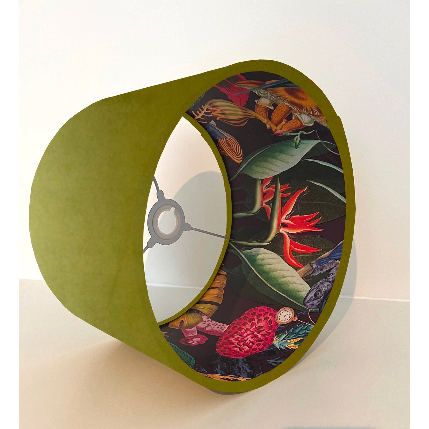 Olive green velvet wonderland drum lampshade, double sided lampshade with wonderland paper interior