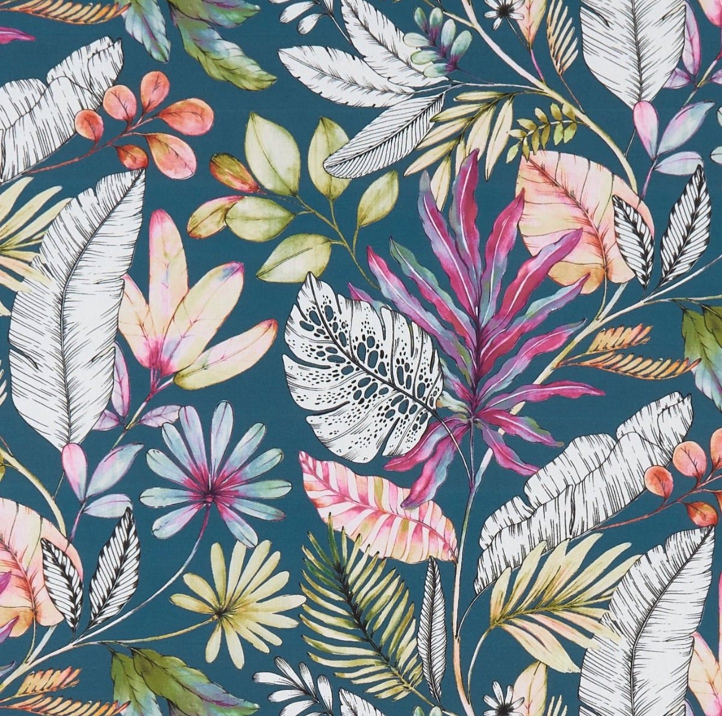 Tropical leaves cylinder lampshade, in cotton, extra tall lampshade