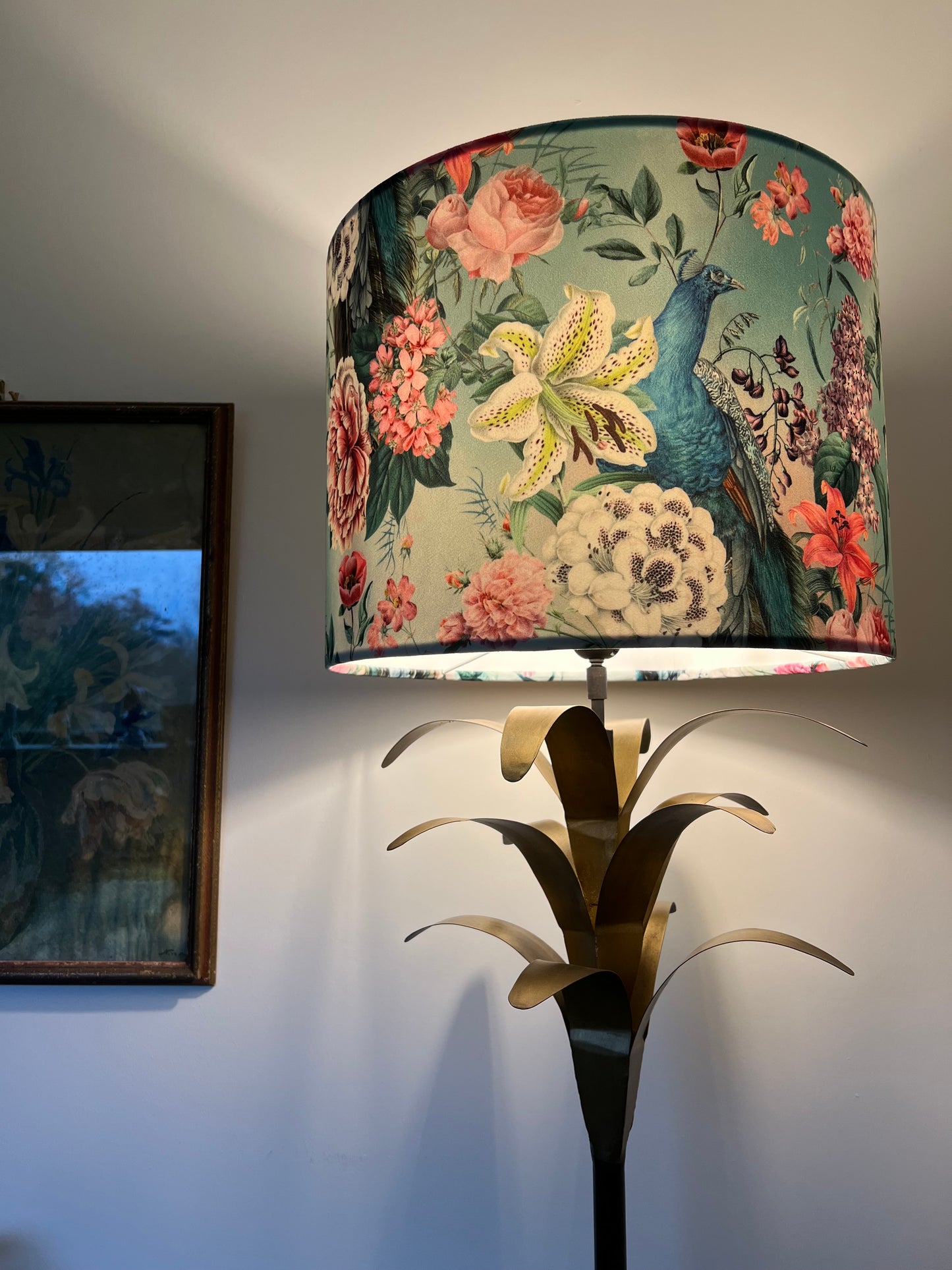 Peacock floral velvet in duck-egg, drum lampshade / ceiling shade, with a white lining