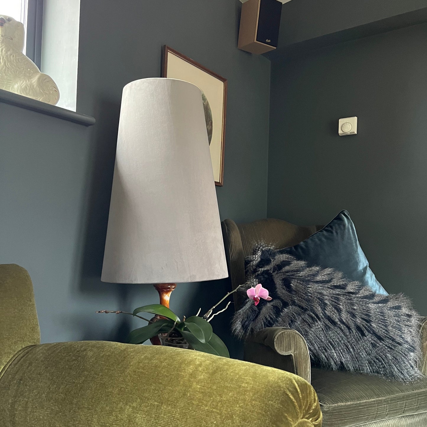 Grey Velvet cone lampshade, extra tall lampshade