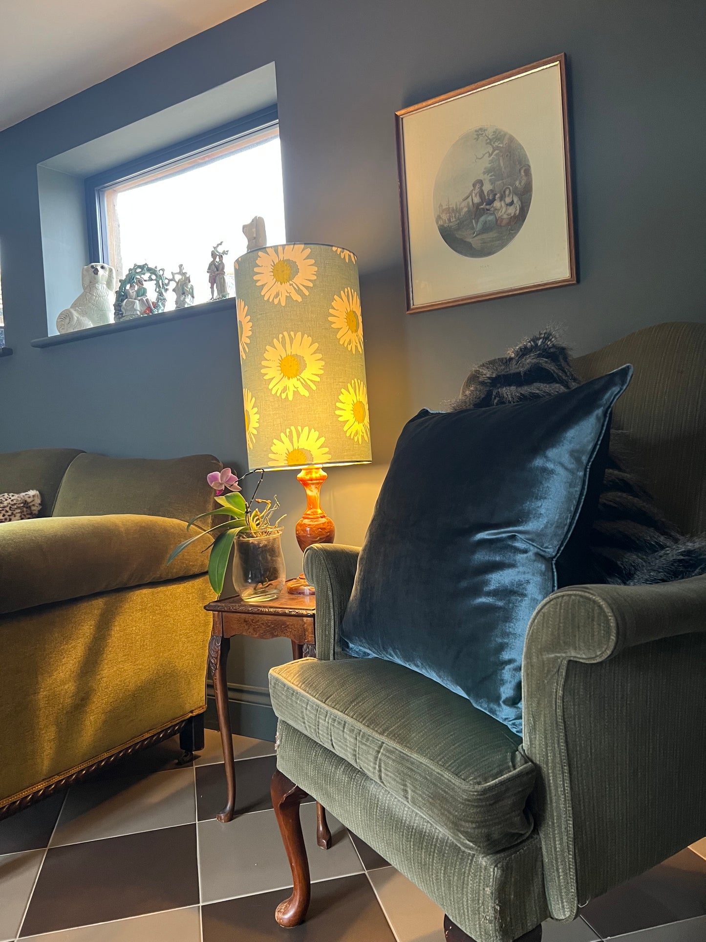 Daisy pastel blue cylinder lampshade, in cotton, extra tall lampshade