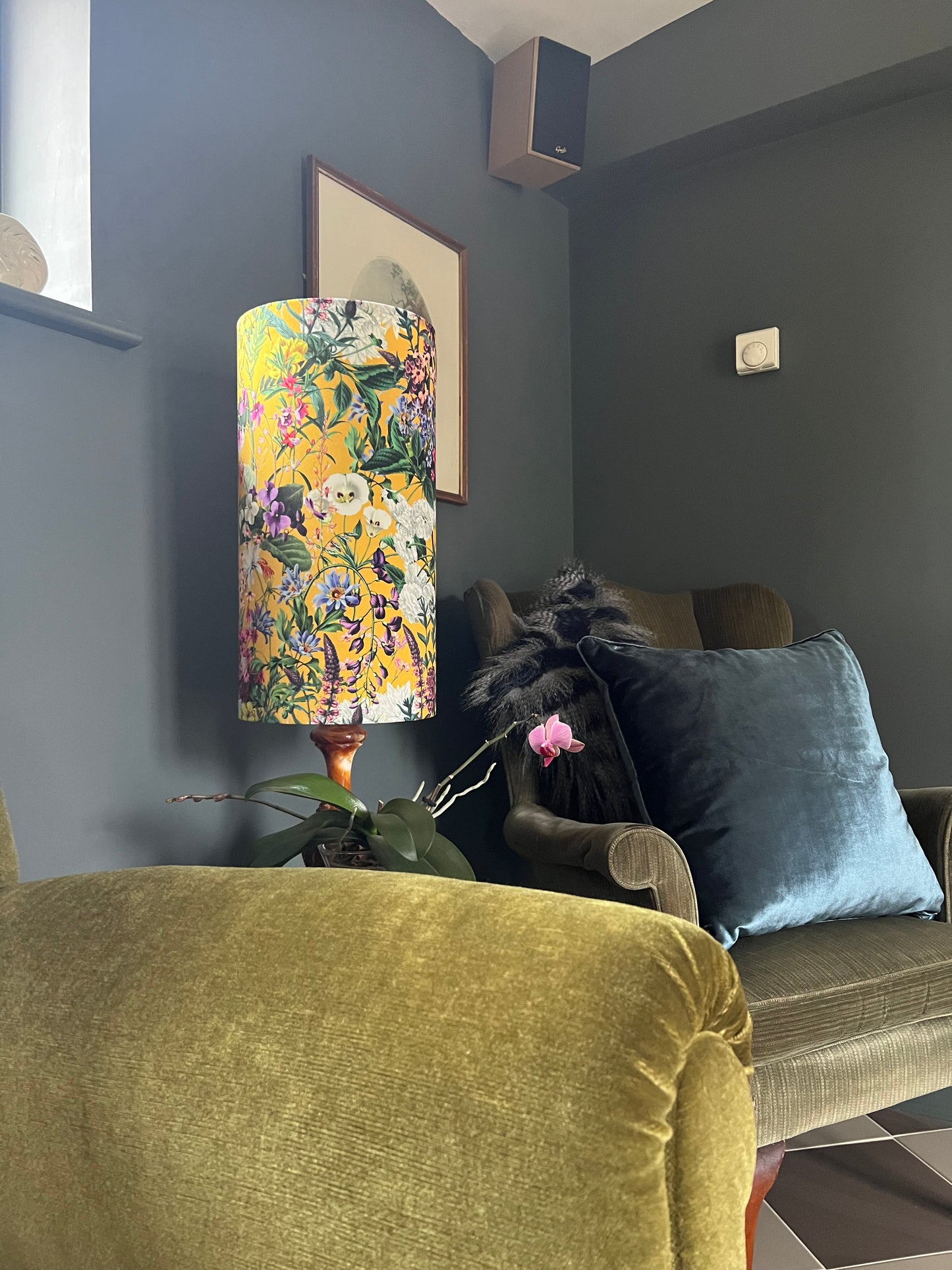 Mustard flowers velvet cylinder lampshade, extra tall lampshade