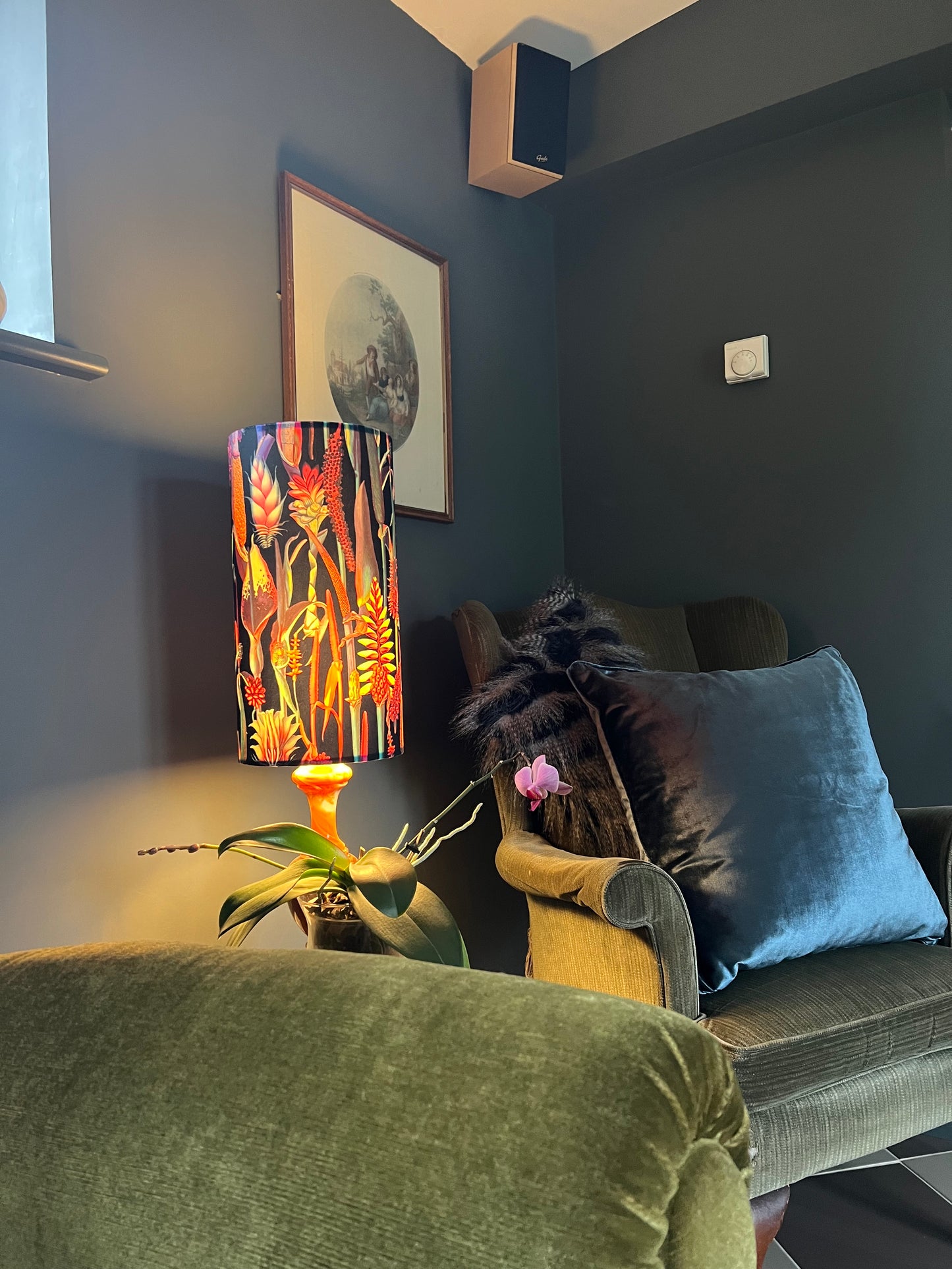 Botanical black velvet cylinder lampshade, extra tall lampshade