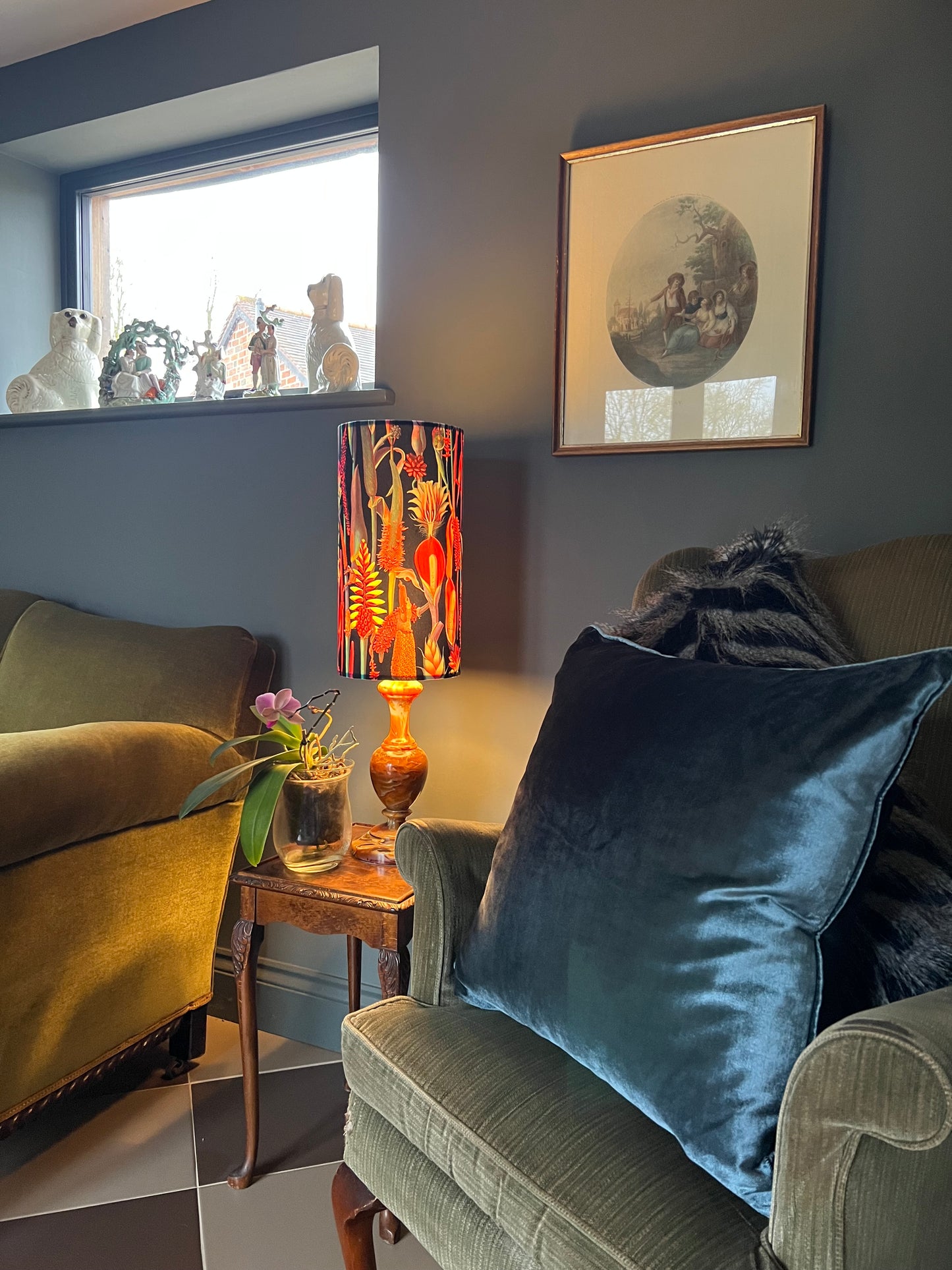 Botanical black velvet cylinder lampshade, extra tall lampshade