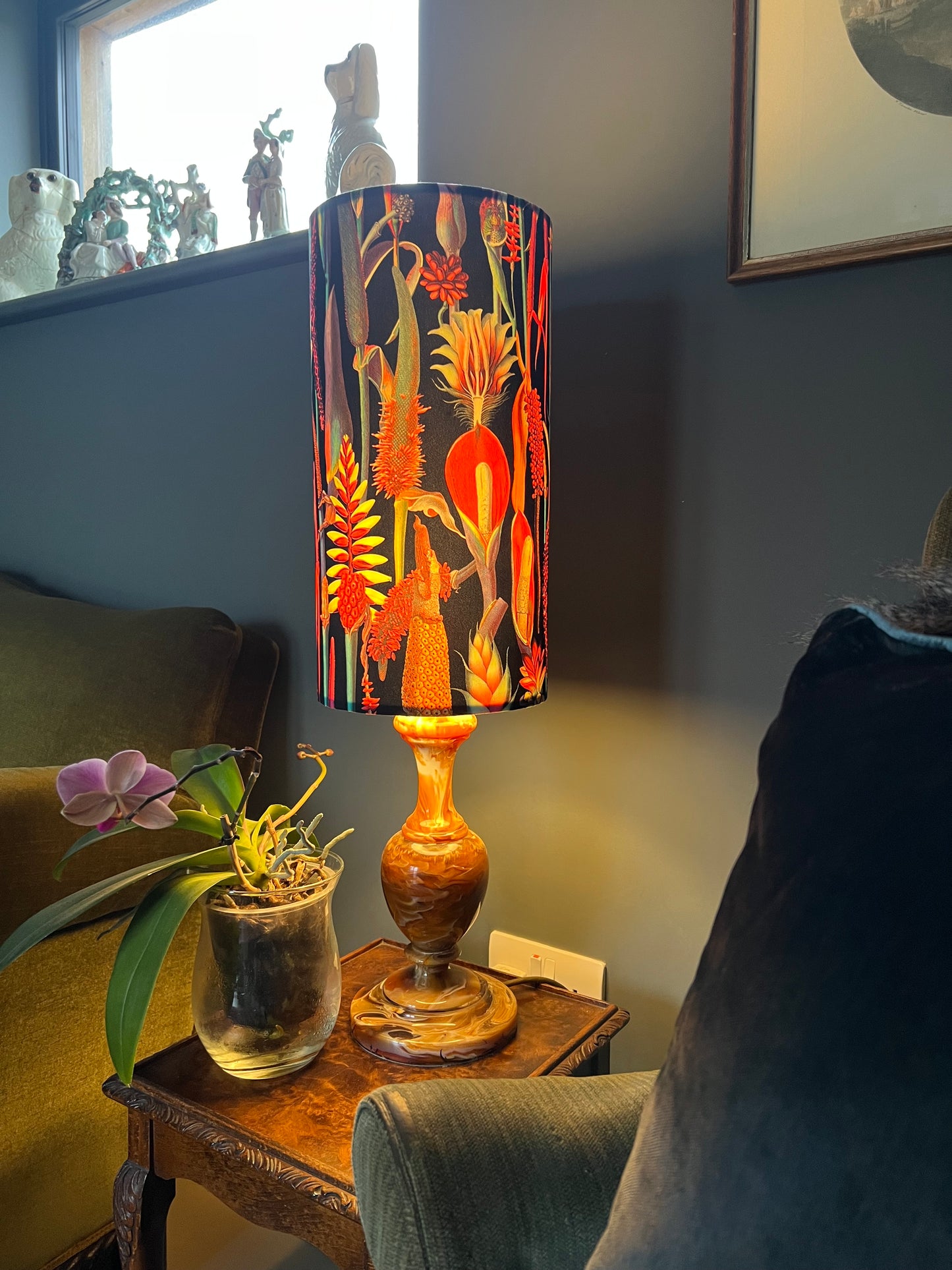 Botanical black velvet cylinder lampshade, extra tall lampshade