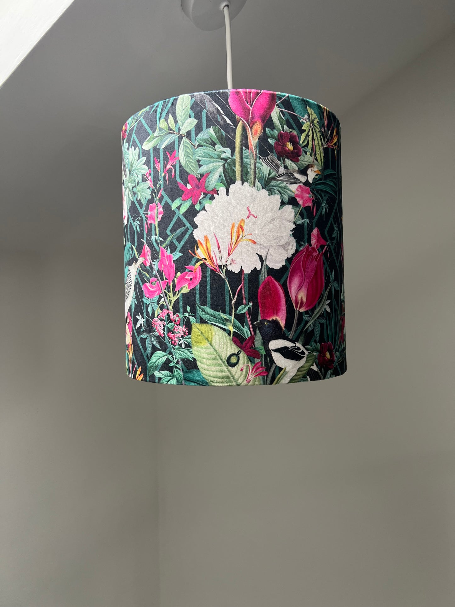 Botanical geometric black velvet lampshade / ceiling shade, with a white lining