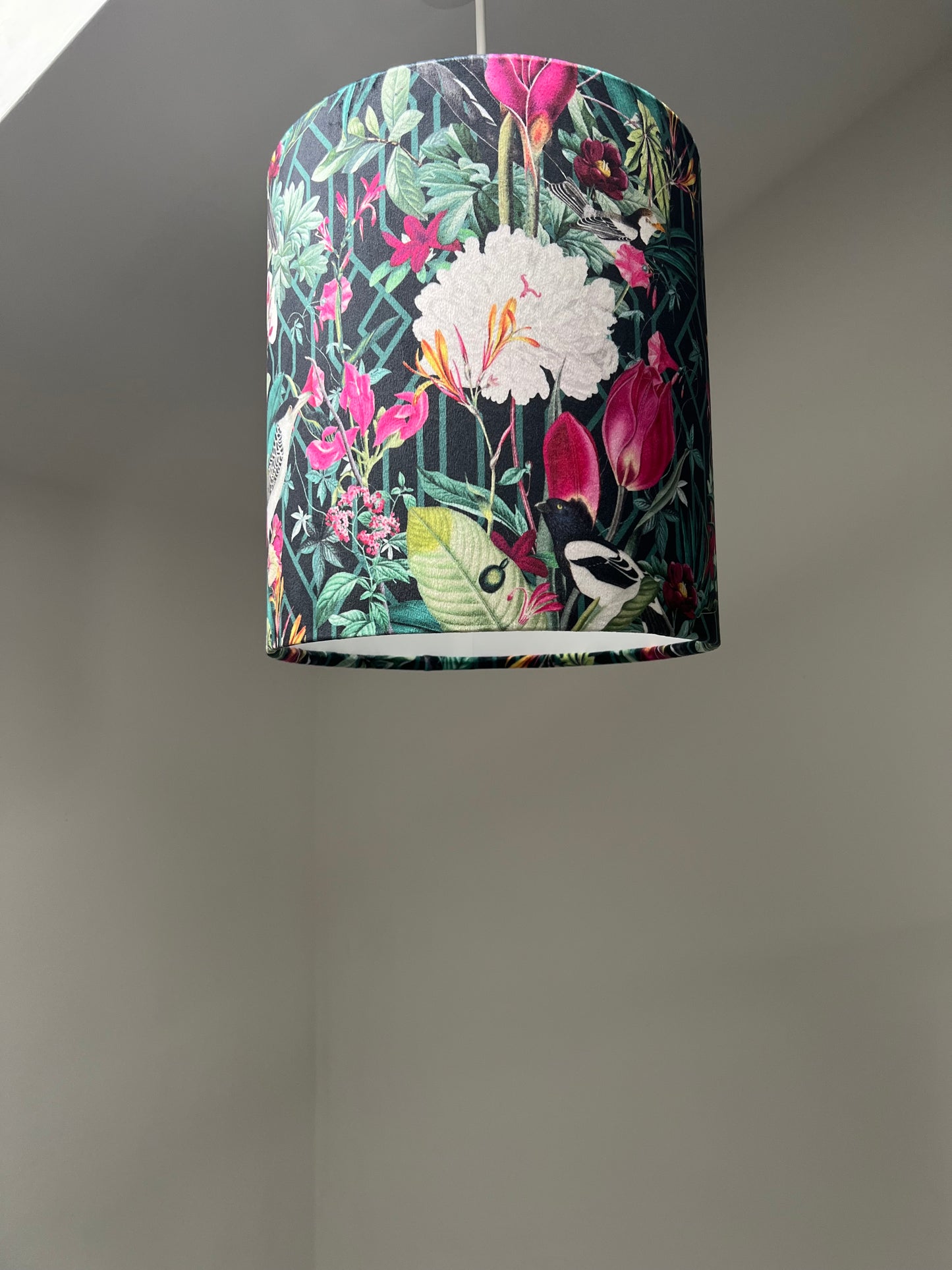 Botanical geometric black velvet lampshade / ceiling shade, with a white lining
