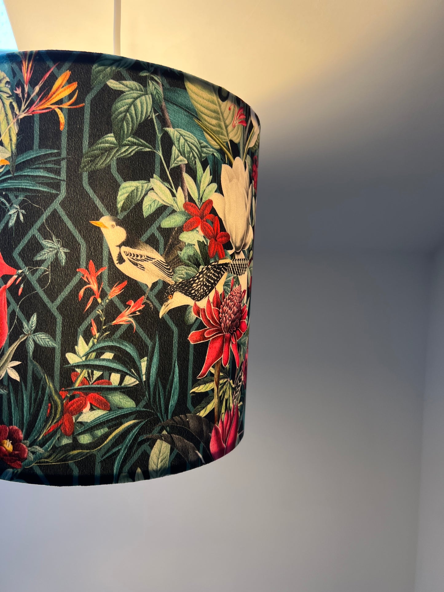 Botanical geometric black velvet lampshade / ceiling shade, with a white lining