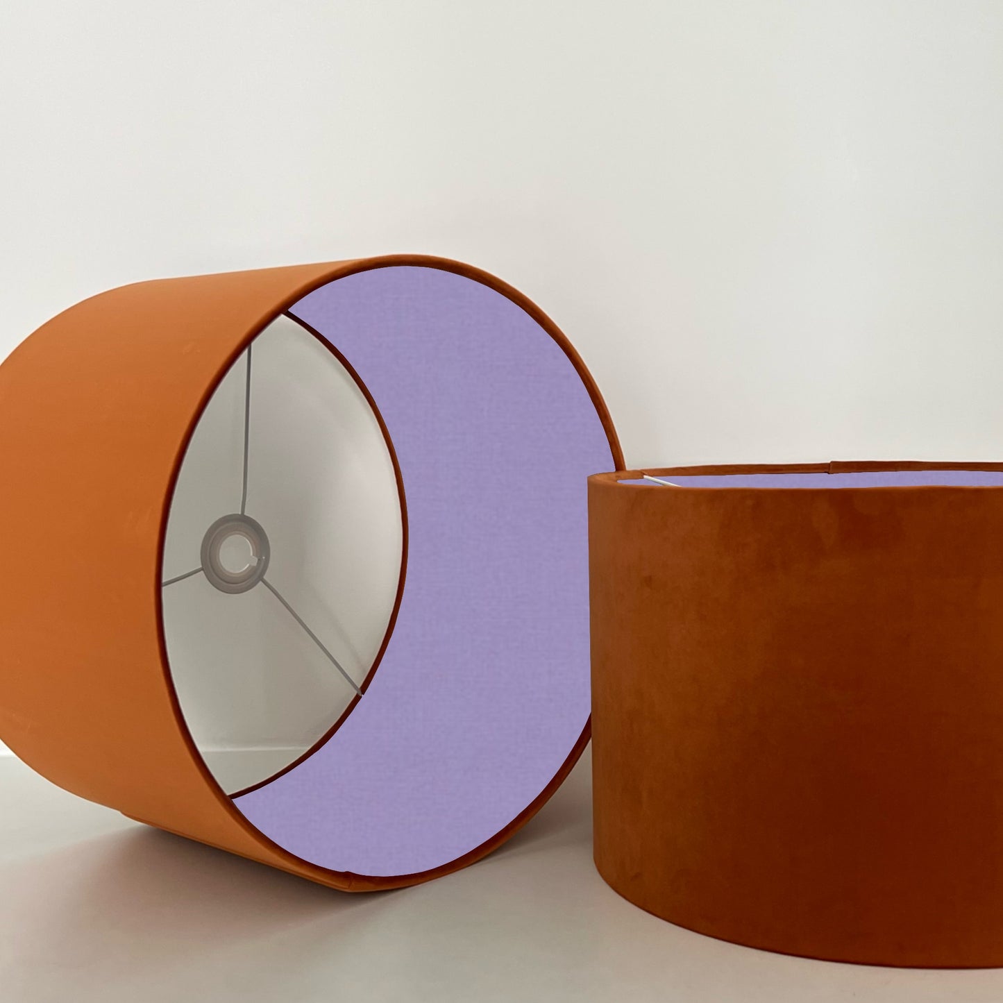 Burnt orange velvet drum lampshade/ ceiling light shade with lilac cotton interior