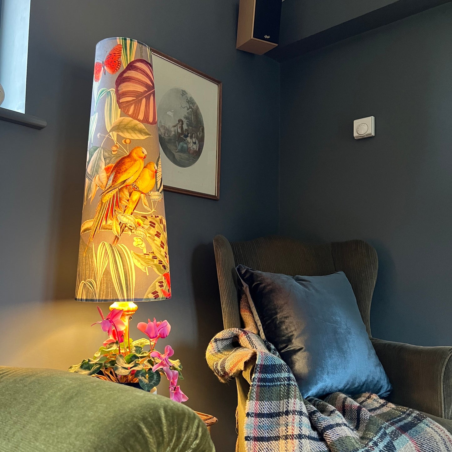 Tropical birds grey Velvet cone lampshade, extra tall lampshade
