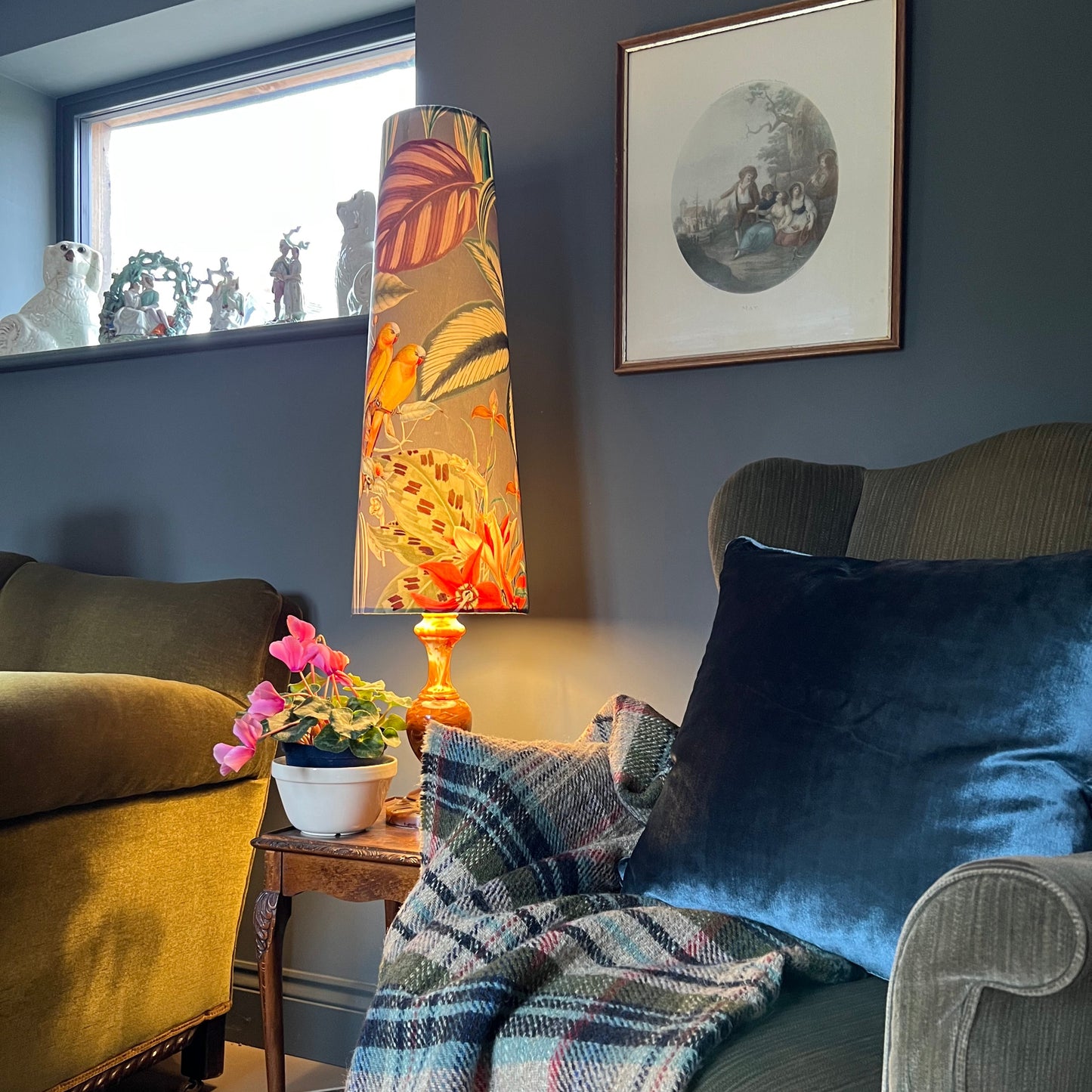 Tropical birds grey Velvet cone lampshade, extra tall lampshade