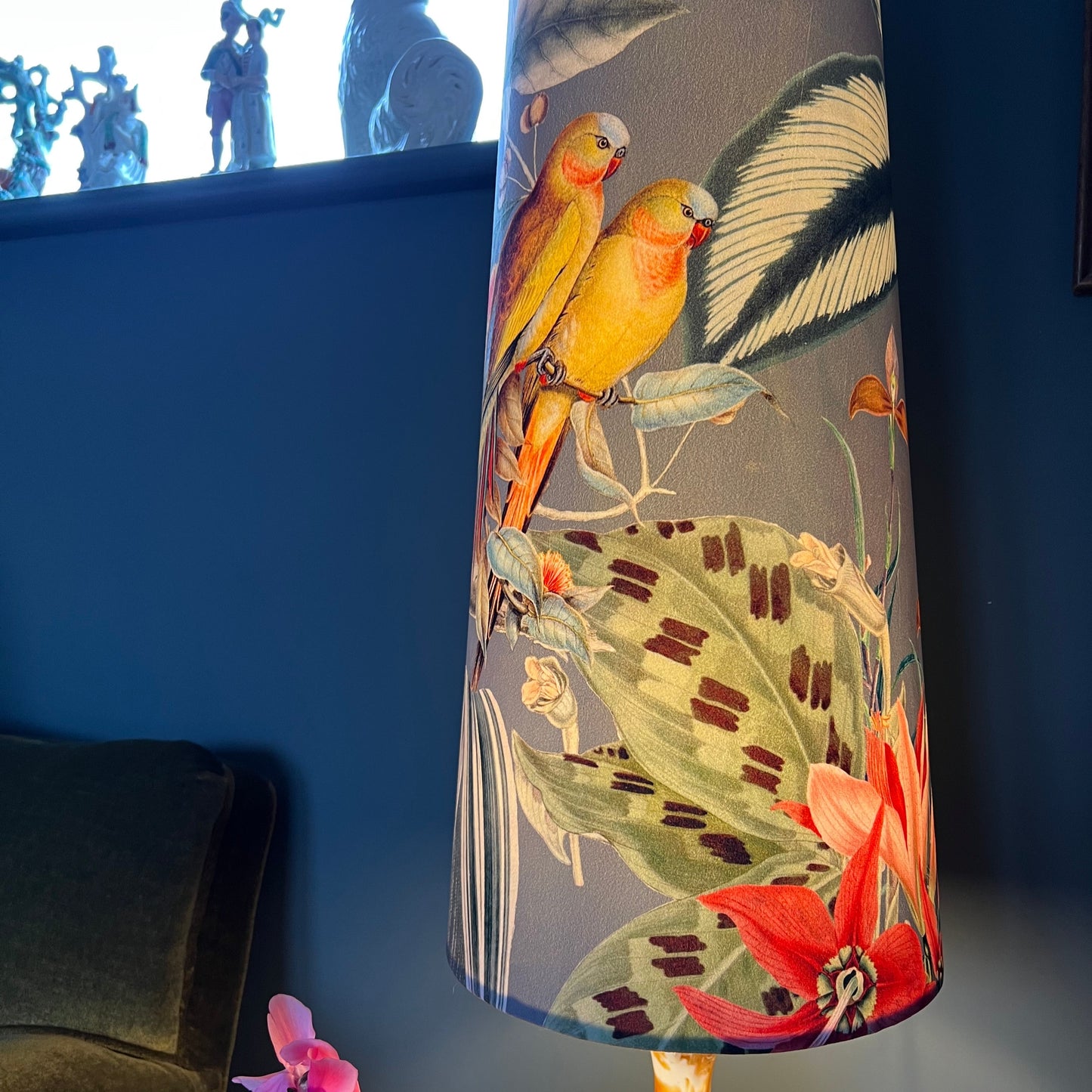 Tropical birds grey Velvet cone lampshade, extra tall lampshade