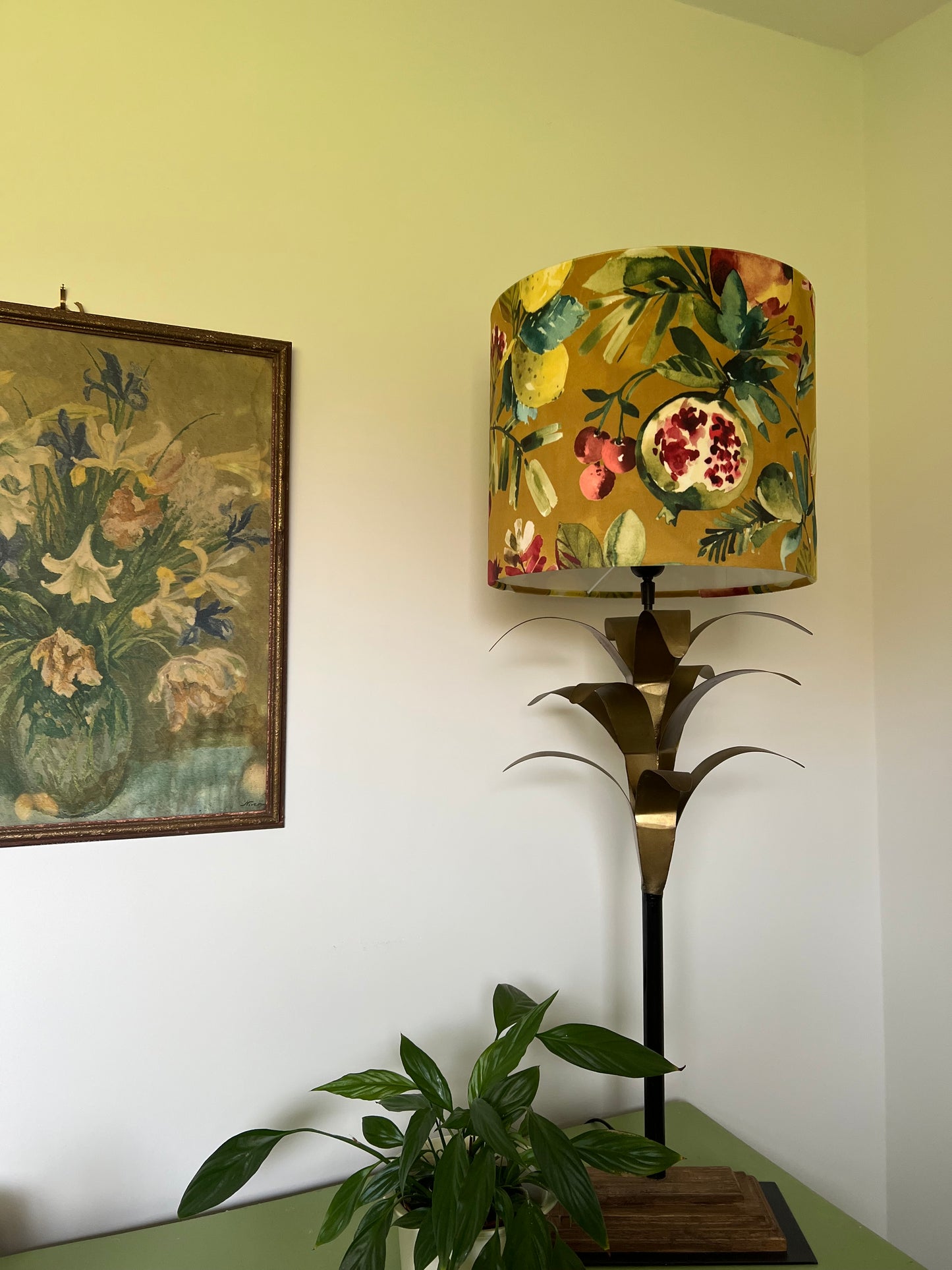Fruit garden velvet in mustard, drum lampshade /ceiling shade with a white lining