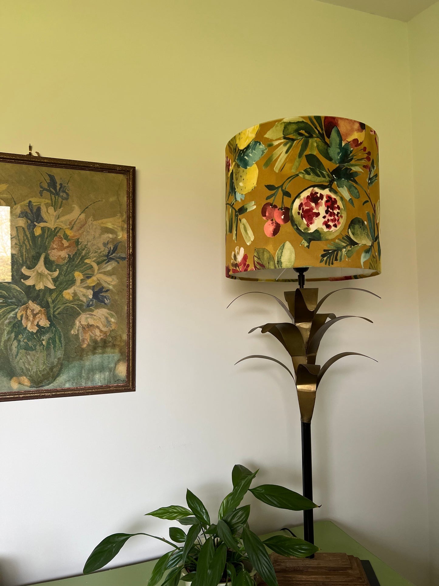 Fruit garden velvet in mustard, drum lampshade /ceiling shade with a white lining