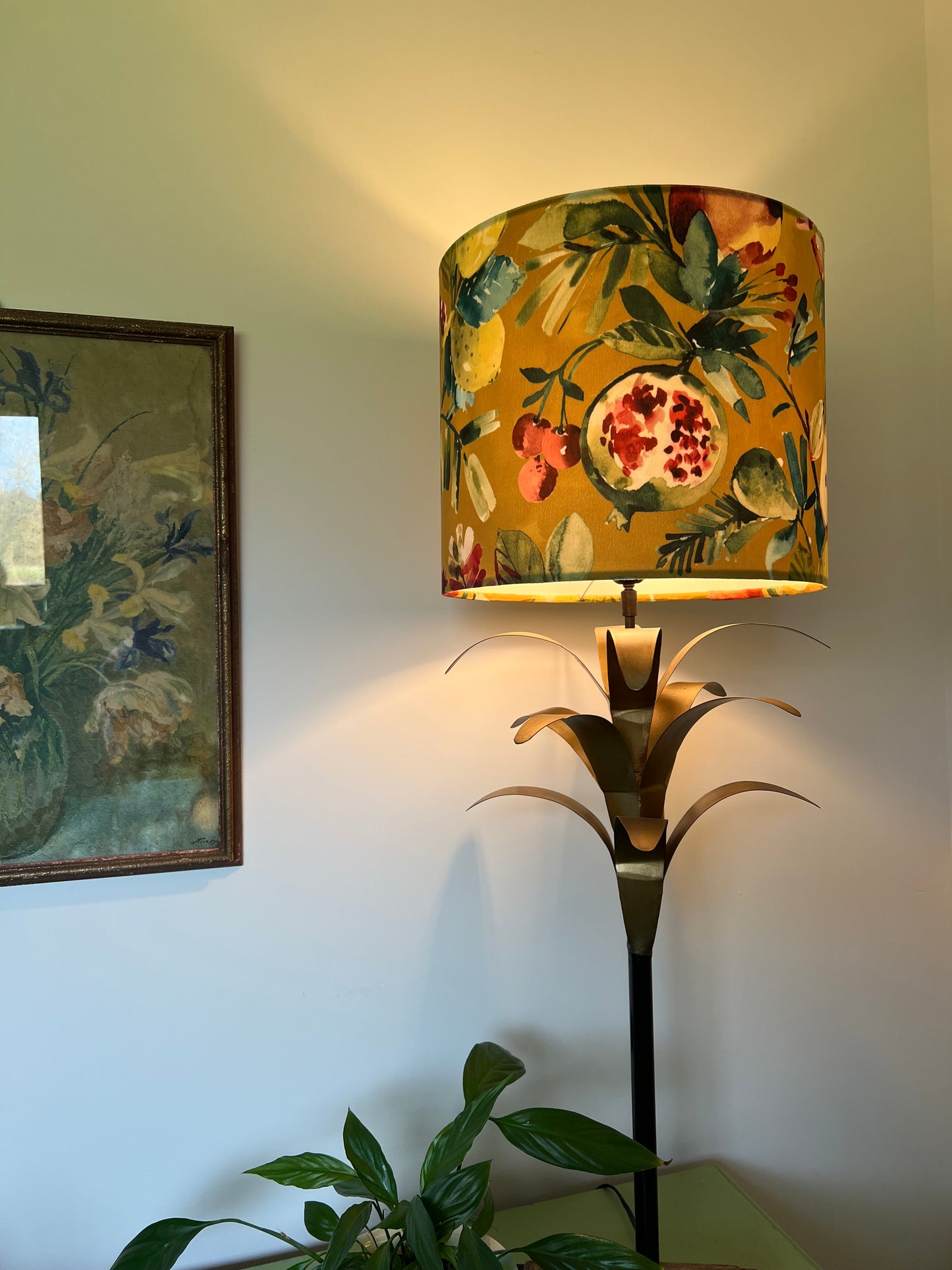 Fruit garden velvet in mustard, drum lampshade /ceiling shade with a white lining