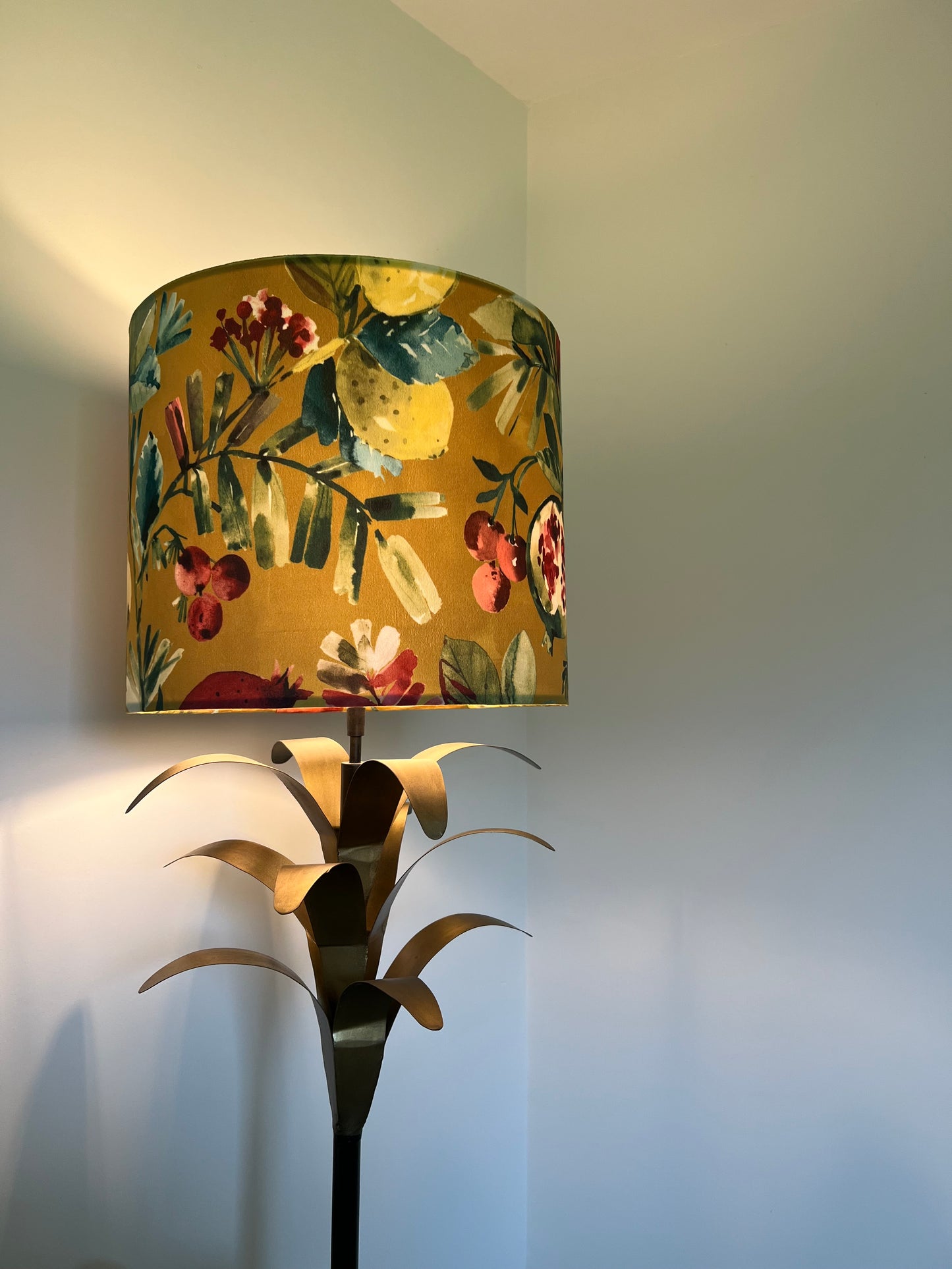 Fruit garden velvet in mustard, drum lampshade /ceiling shade with a white lining