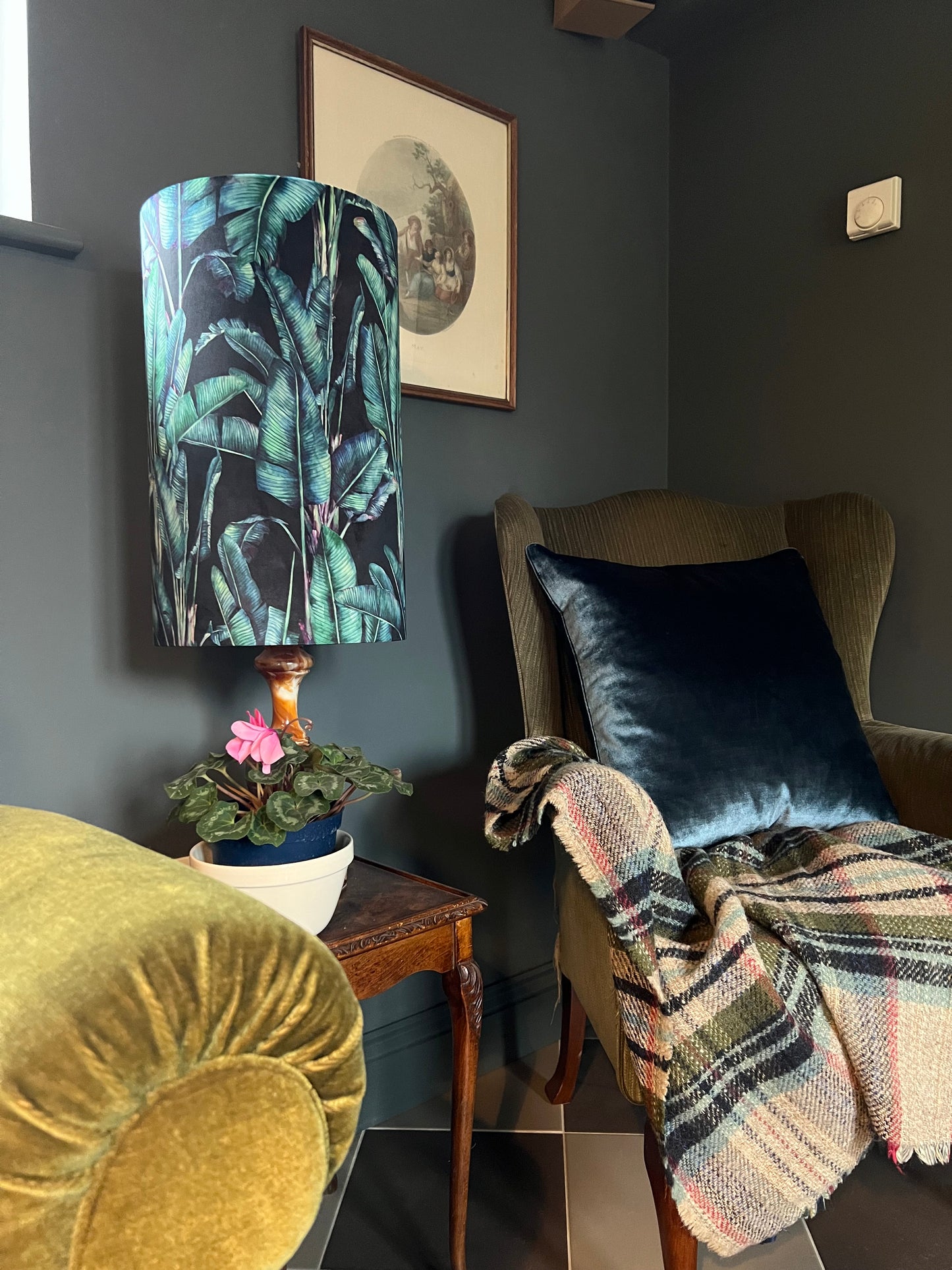 Leaves Velvet cylinder lampshade, in black, extra tall lampshade