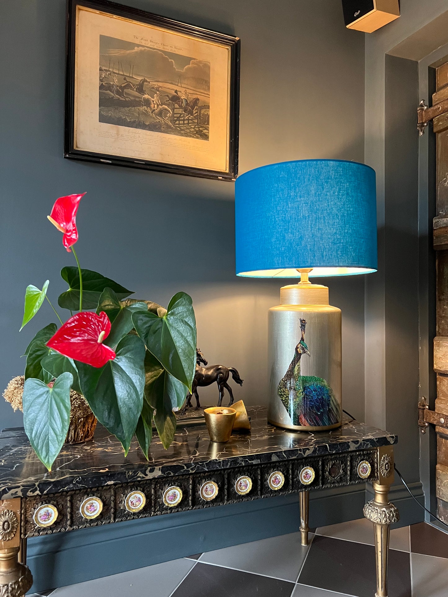 Teal cotton drum lampshade/ ceiling shade with a white lining