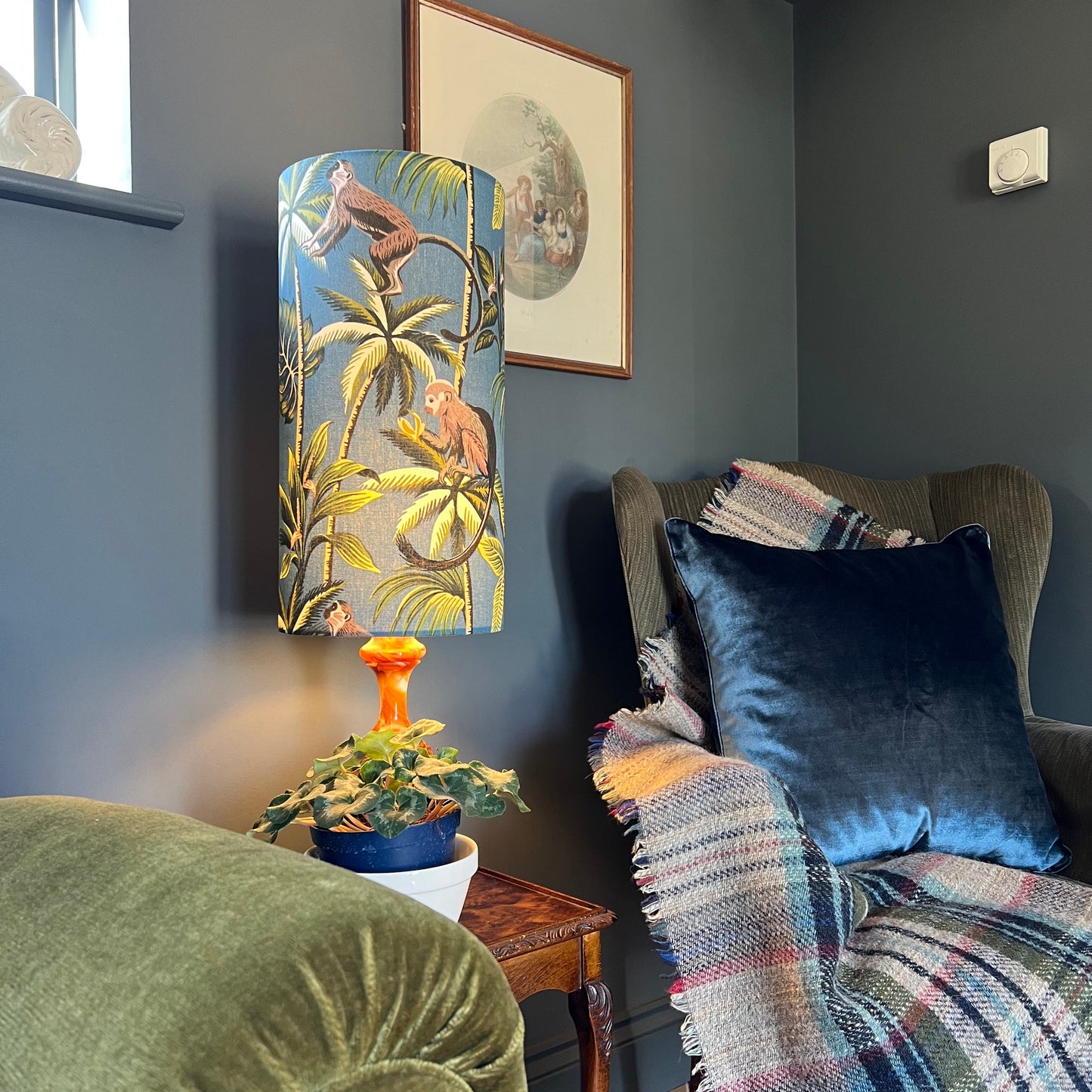 Jungle monkey teal cotton cylinder lampshade, extra tall lampshade