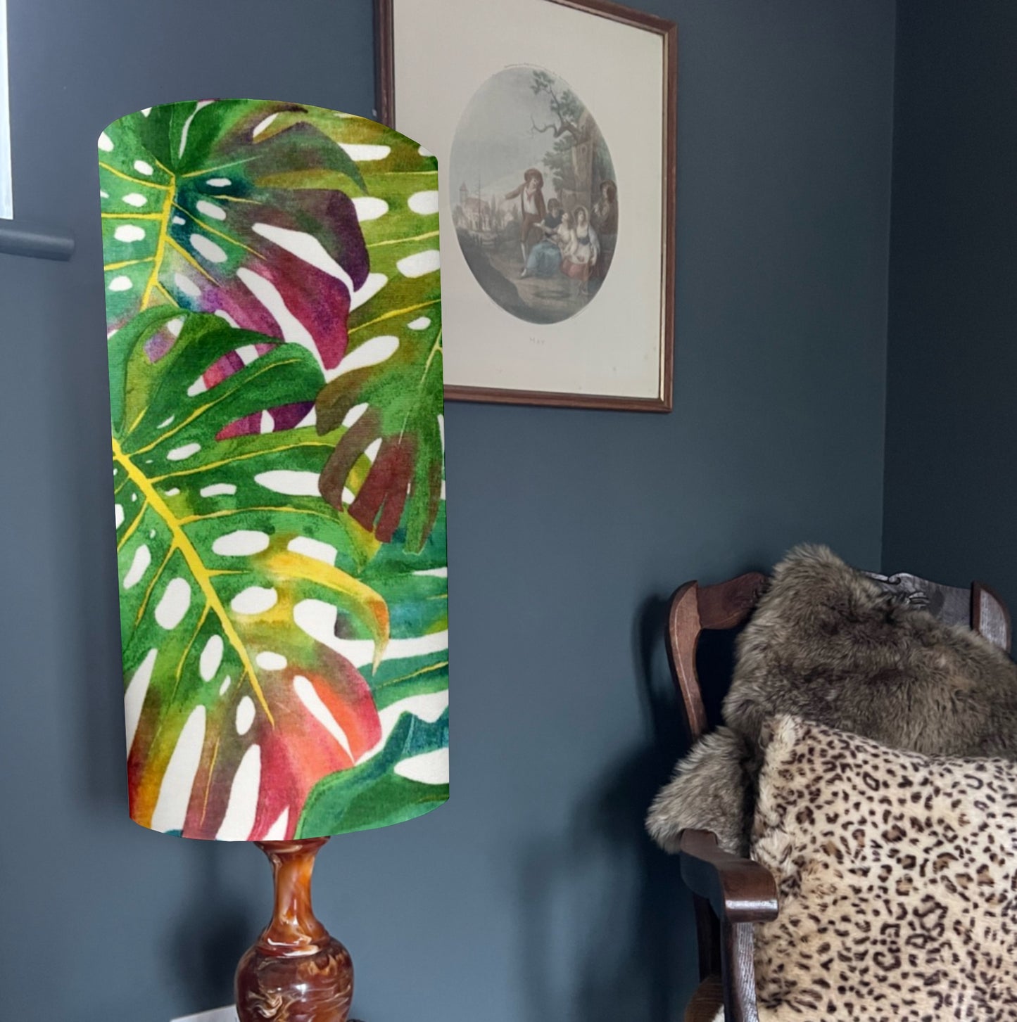 Multicoloured leaves cylinder lampshade, in cotton, extra tall lampshade