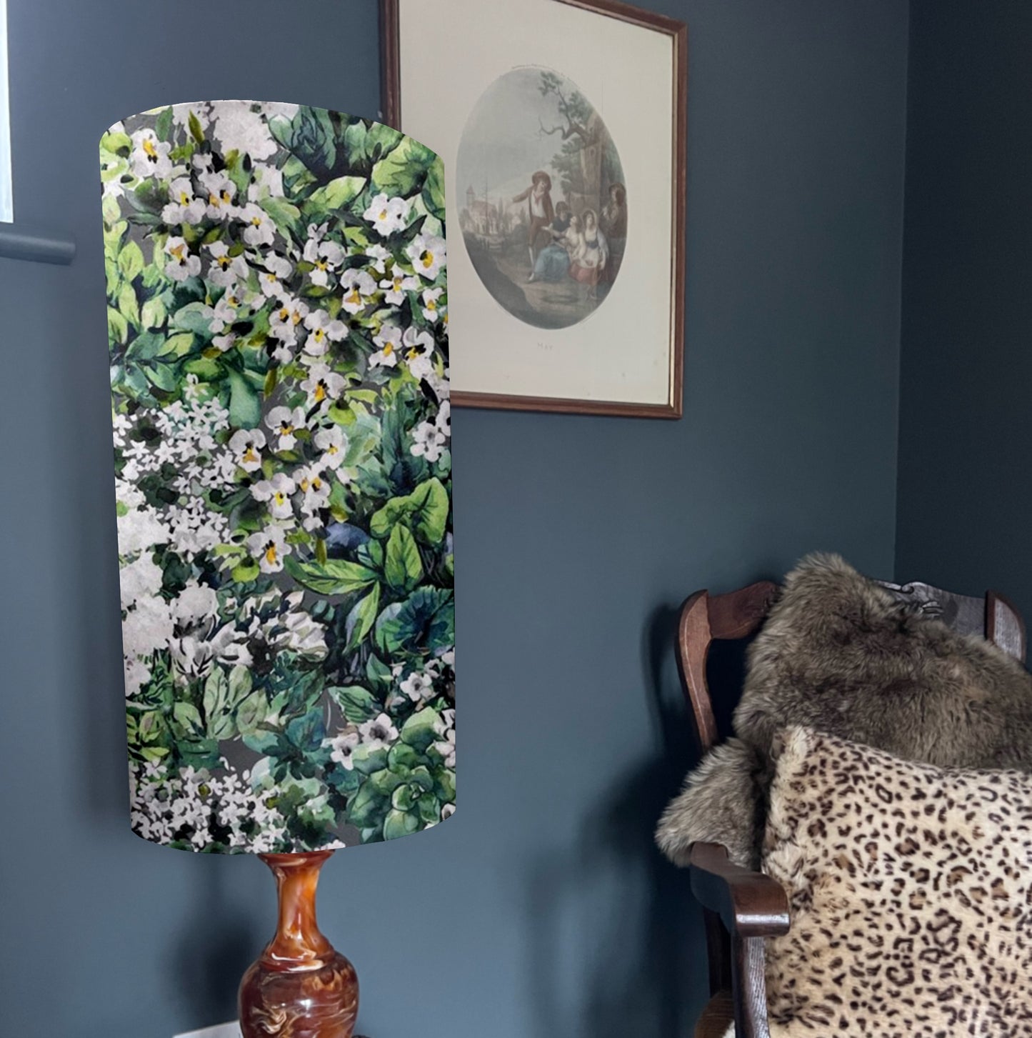 White flowers velvet cylinder lampshade, extra tall lampshade