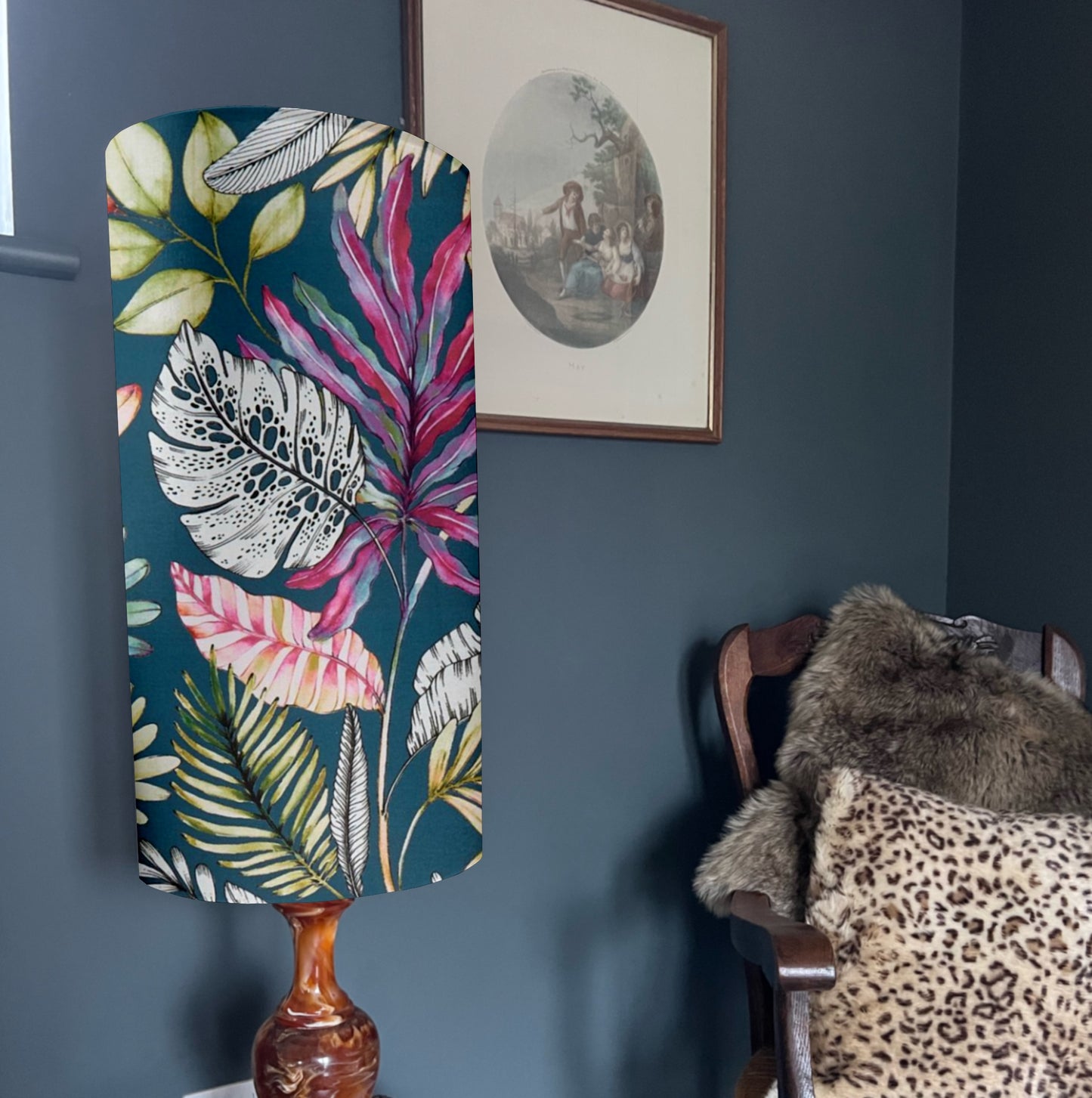 Tropical leaves cylinder lampshade, in cotton, extra tall lampshade