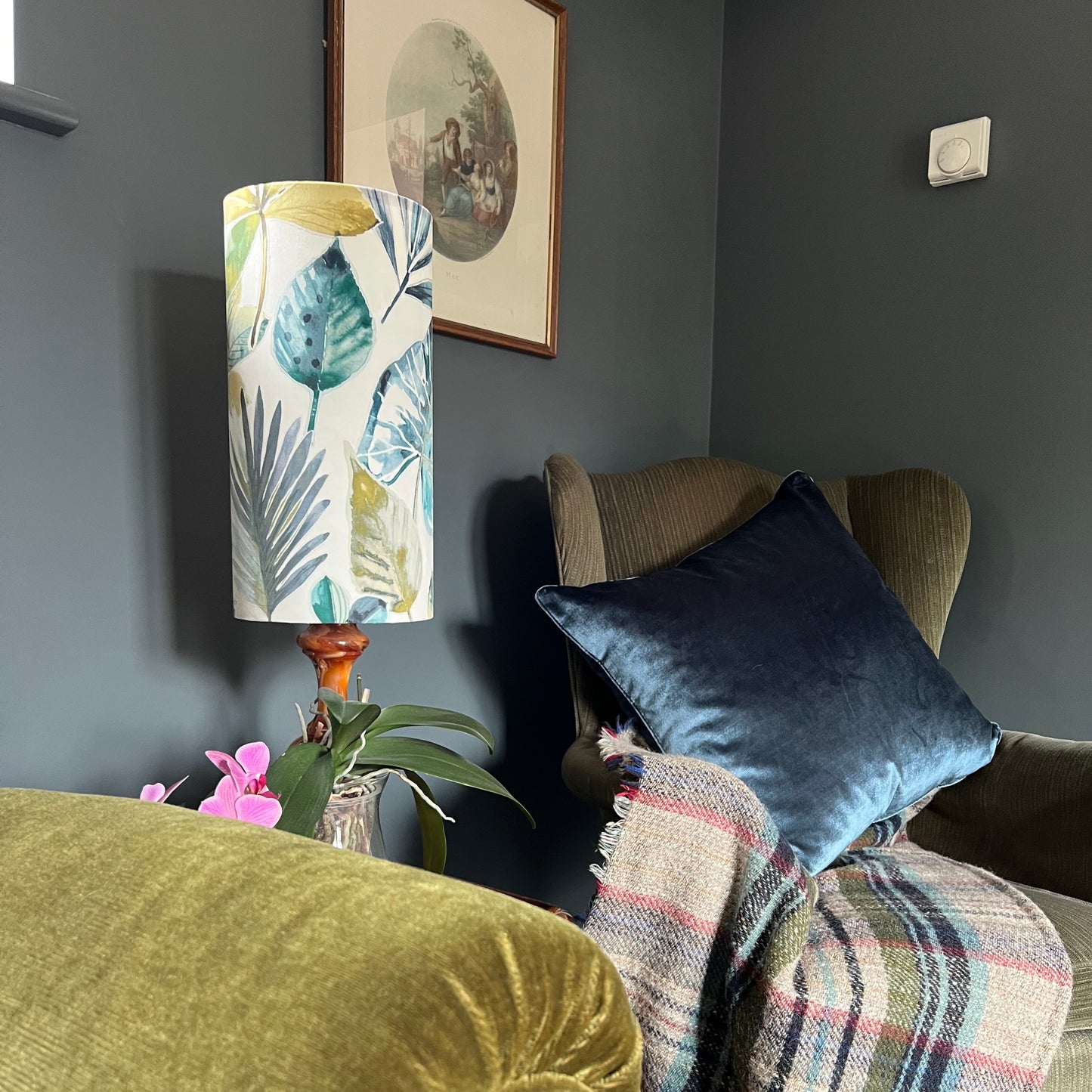 Rainforest Velvet cylinder lampshade, in blue and green, extra tall lampshade