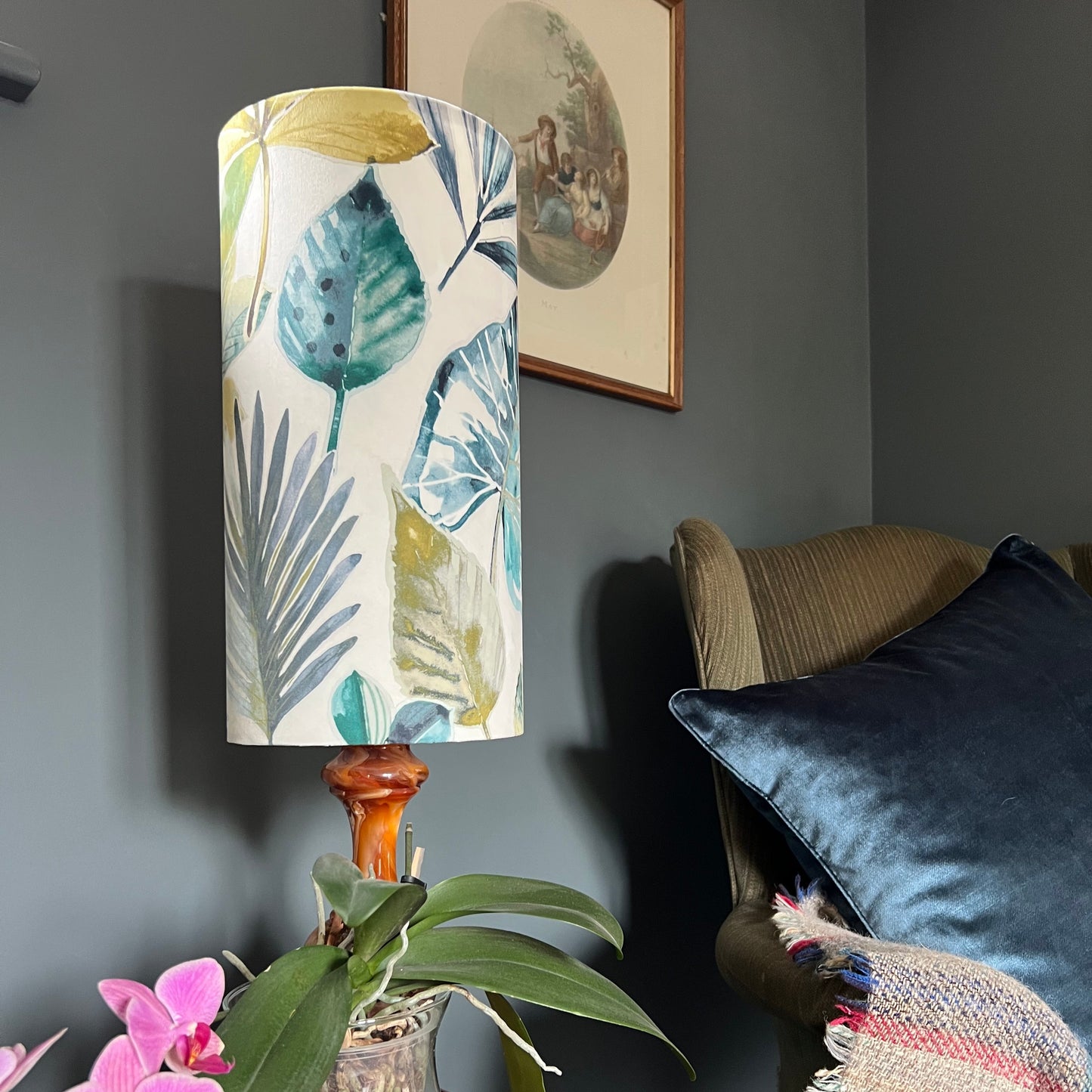 Rainforest Velvet cylinder lampshade, in blue and green, extra tall lampshade
