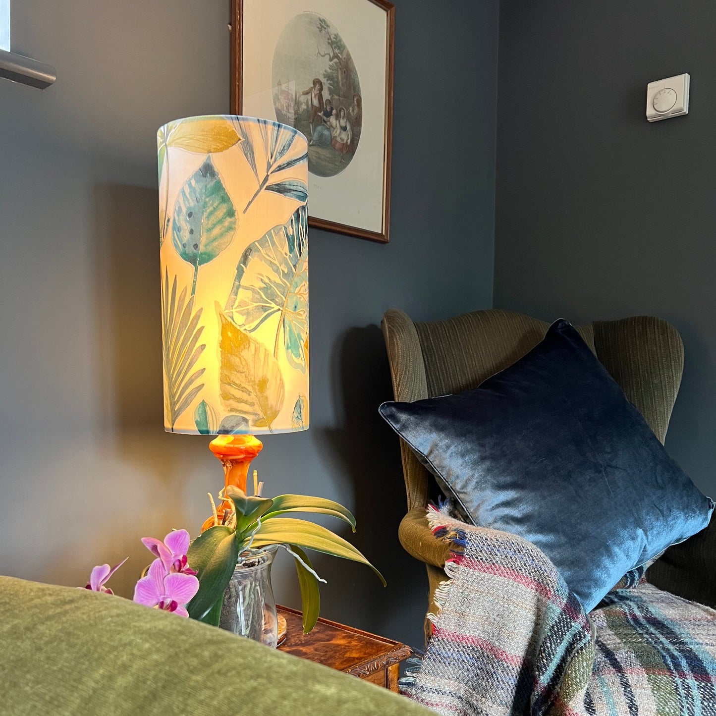 Rainforest Velvet cylinder lampshade, in blue and green, extra tall lampshade