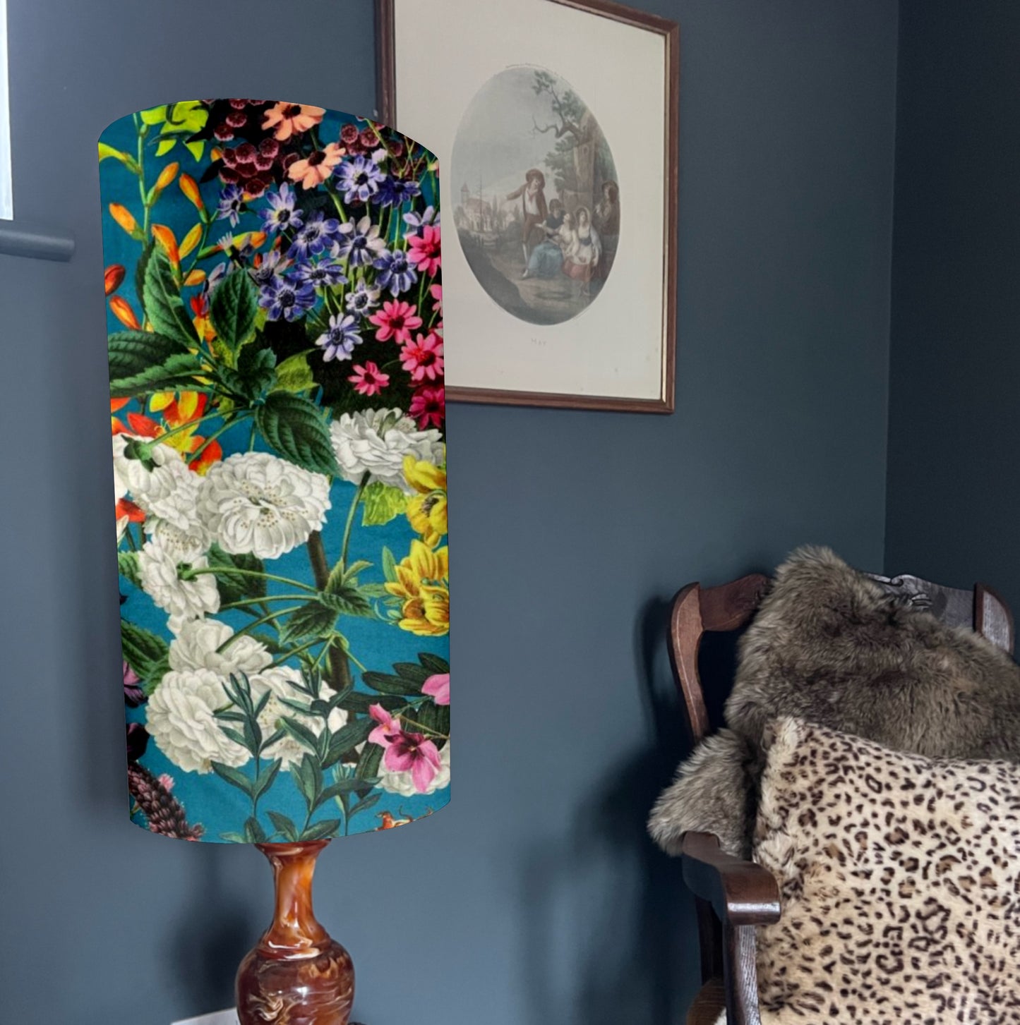Teal flowers velvet cylinder lampshade, extra tall lampshade
