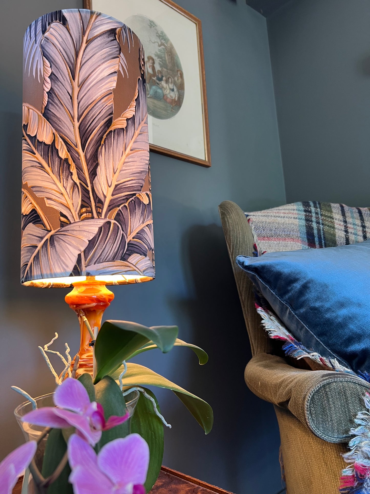 Tripura gold Leaves Velvet cylinder lampshade, extra tall lampshade