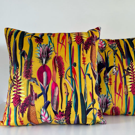 Botanical mustard velvet throw cushion