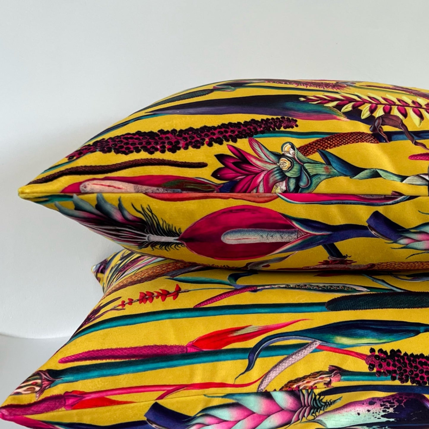Botanical mustard velvet throw cushion