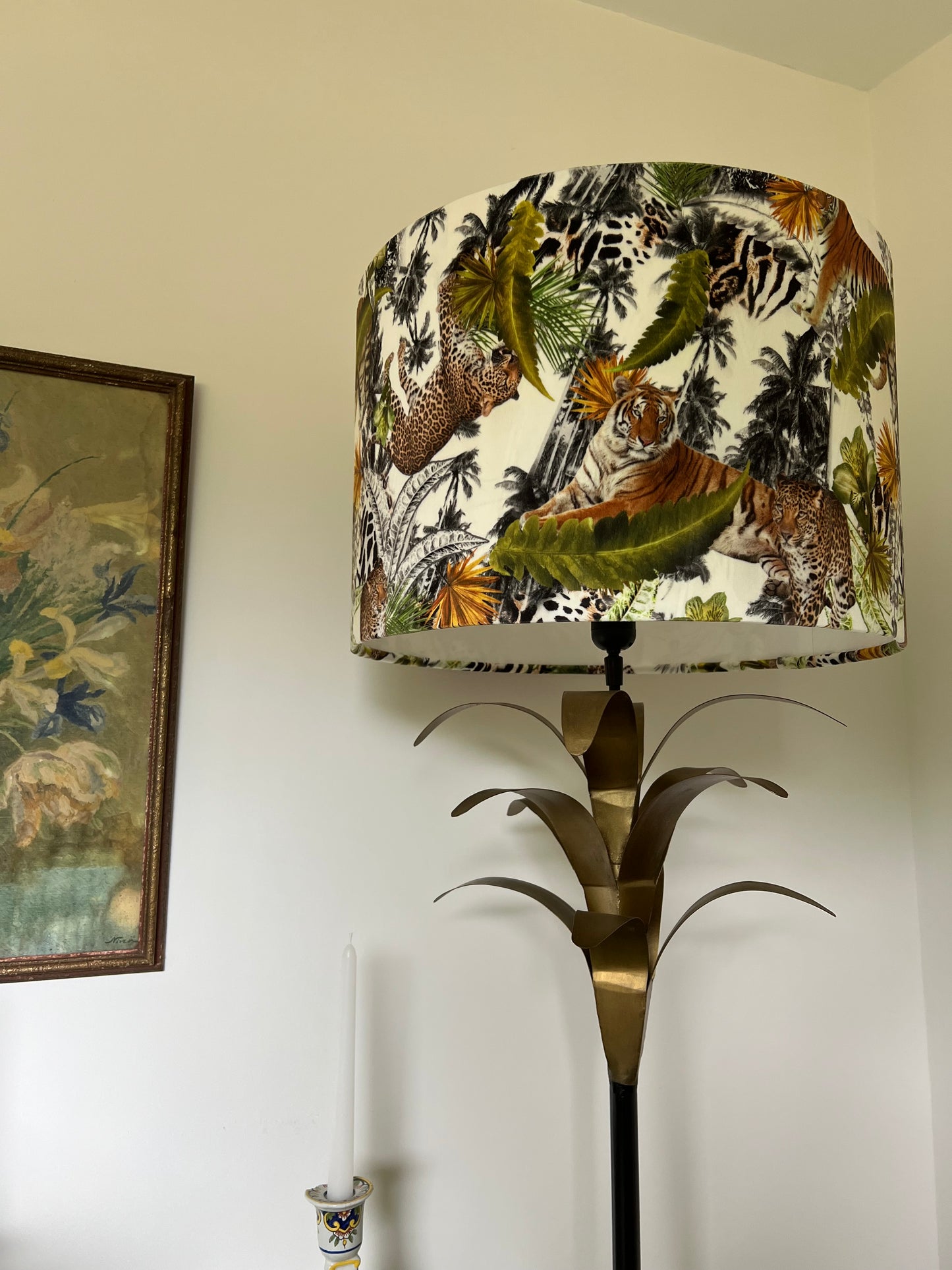 Tiger cheetah jungle velvet drum lampshade / ceiling shade, with a white lining