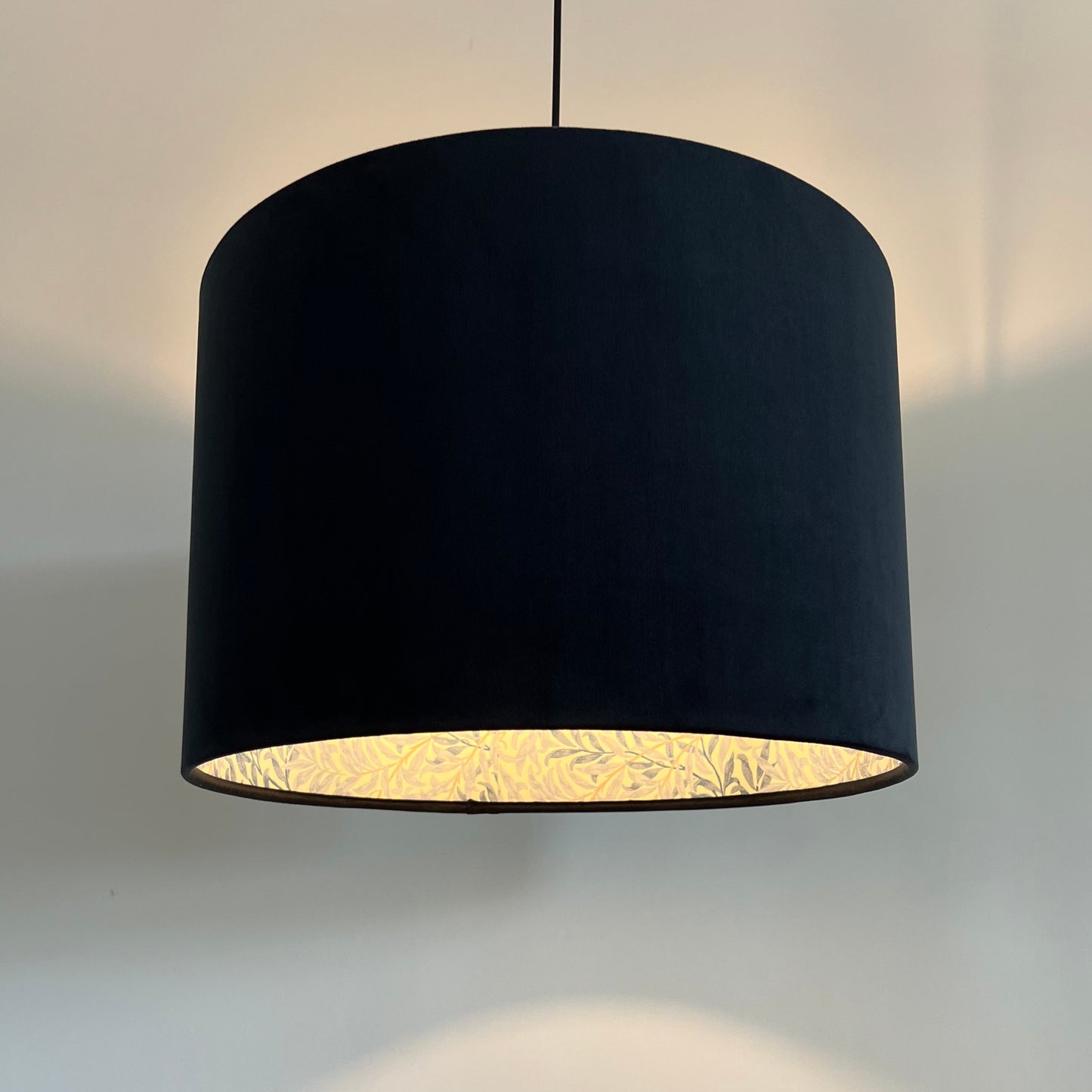 Black velvet drum lampshade, double sided lampshade, with William morris blue leaves cotton interior