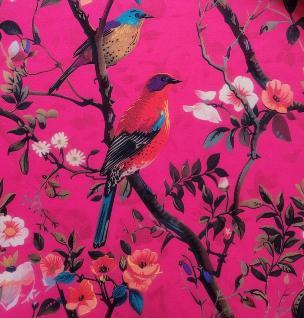 Hot pink birds velvet cylinder lampshade, extra tall lampshade