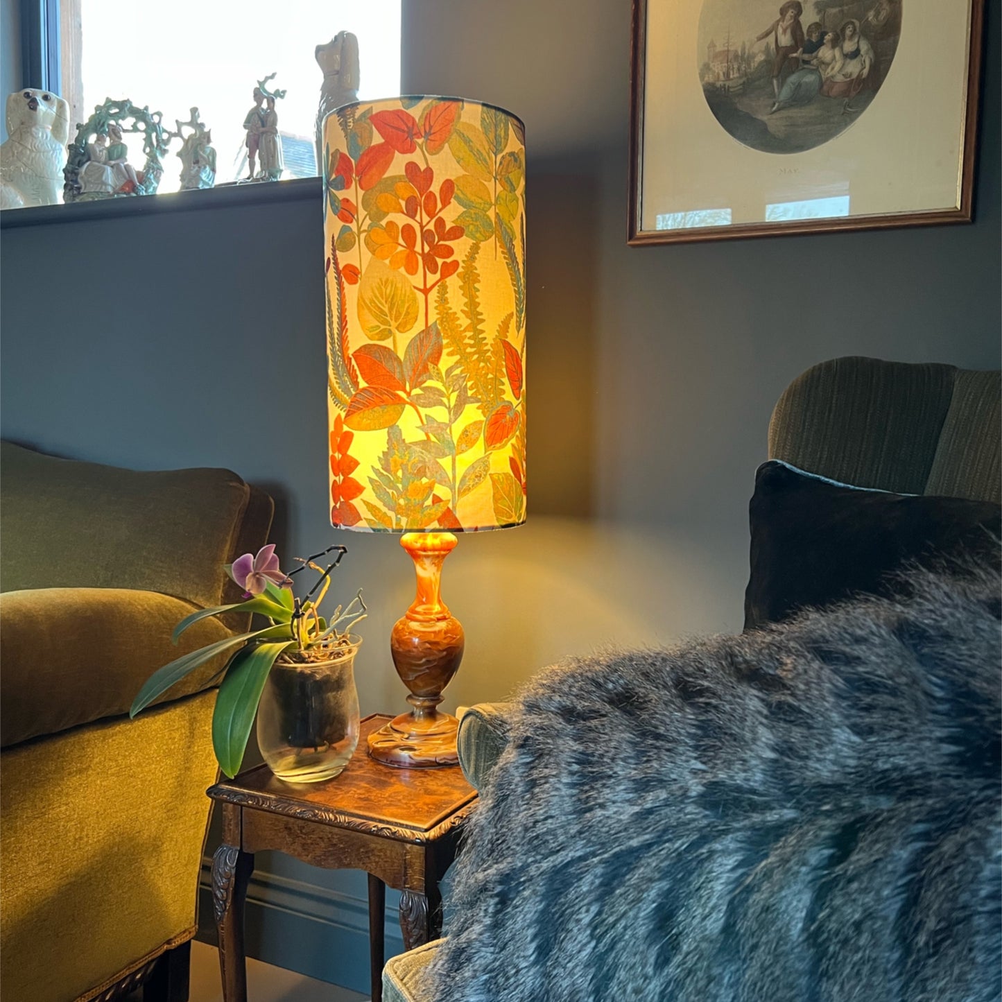 Autumn leaves cylinder lampshade, in cotton, extra tall lampshade