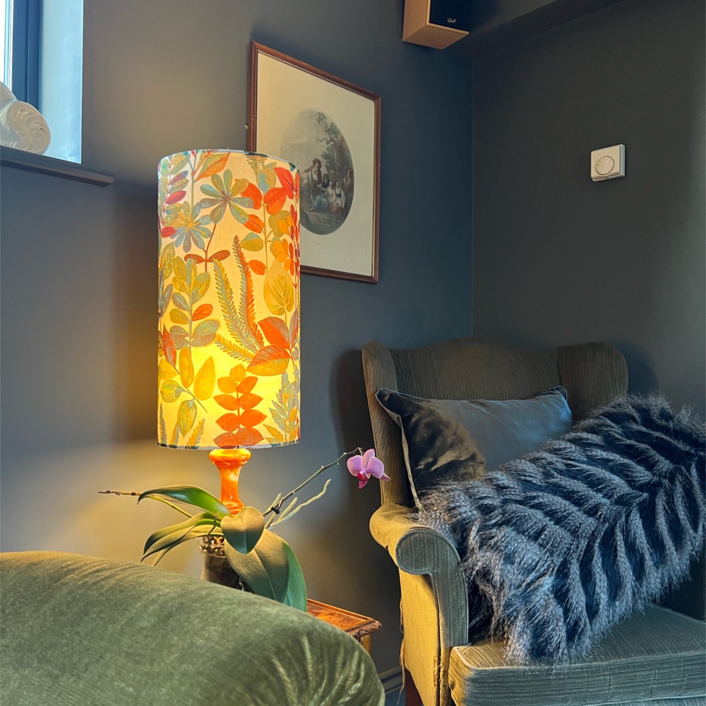 Autumn leaves cylinder lampshade, in cotton, extra tall lampshade