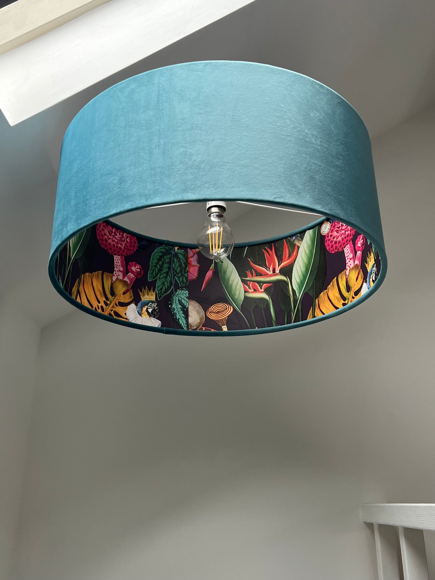 Teal velvet wonderland drum lampshade, double sided lampshade with wonderland paper interior