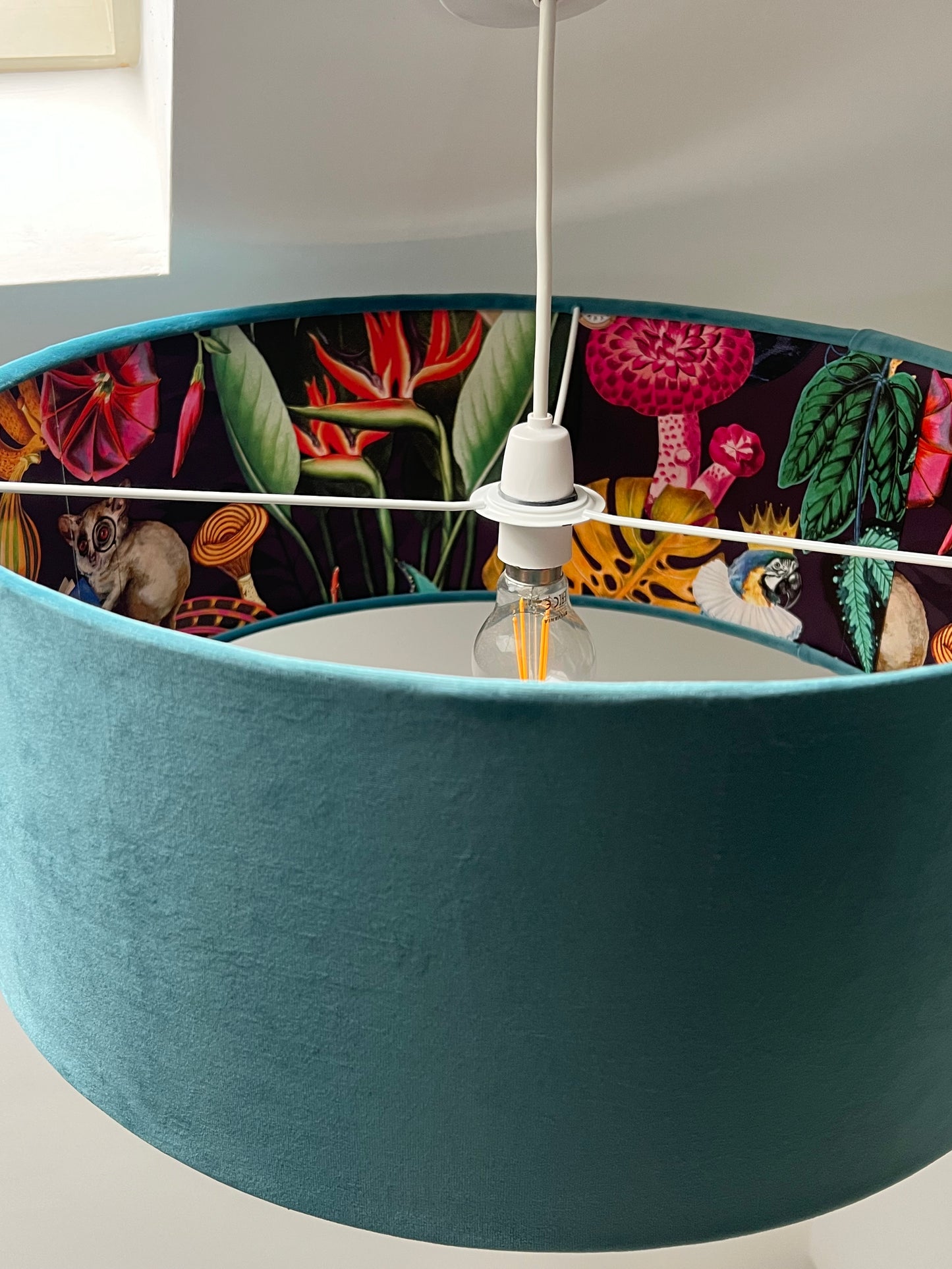 Teal velvet wonderland drum lampshade, double sided lampshade with wonderland paper interior