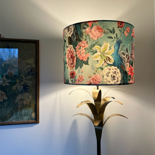 Peacock floral velvet in duck-egg, drum lampshade / ceiling shade, with a white lining