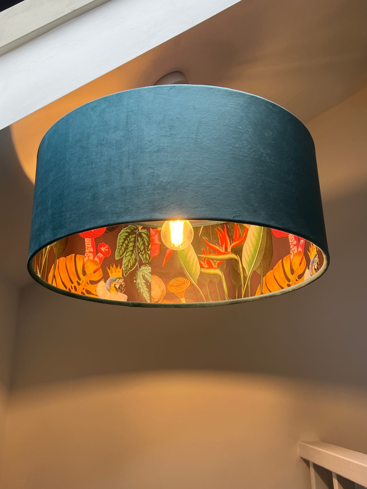Teal velvet wonderland drum lampshade, double sided lampshade with wonderland paper interior