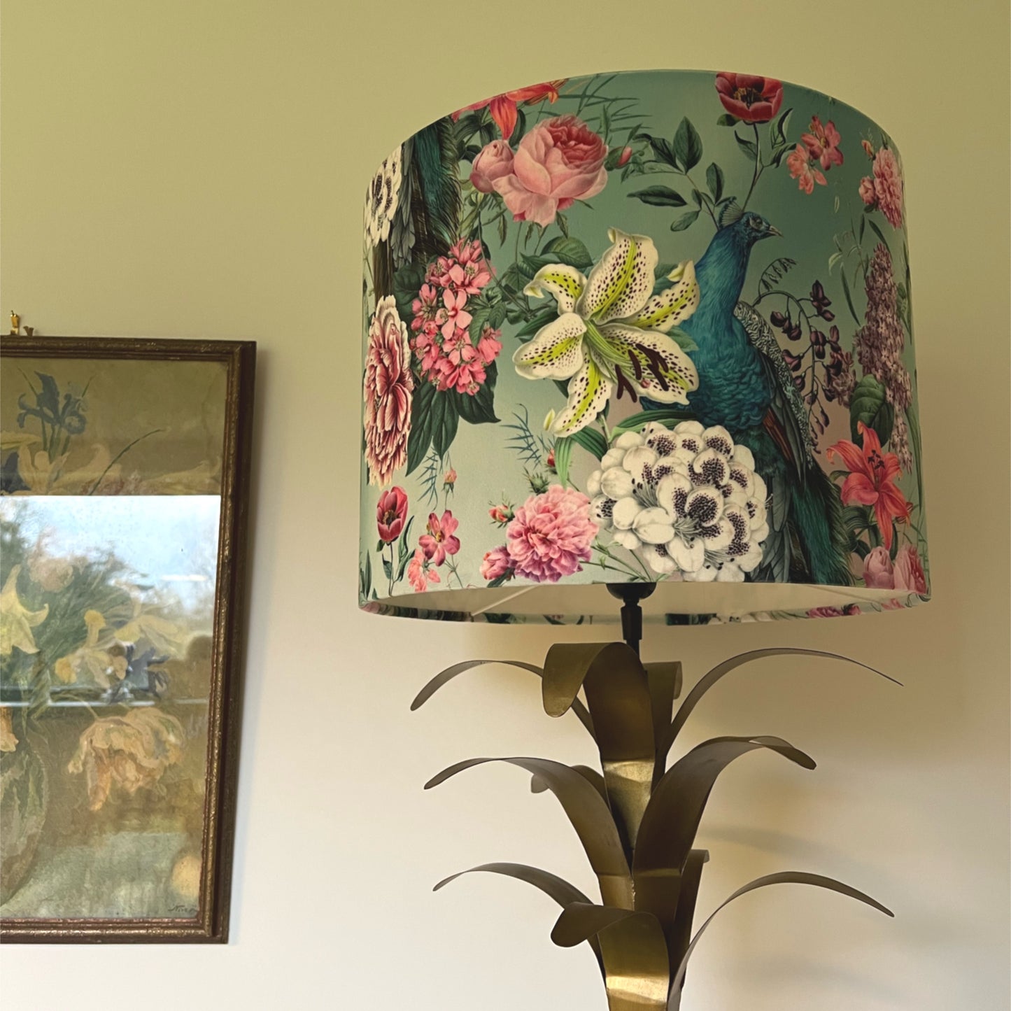 Peacock floral velvet in duck-egg, drum lampshade / ceiling shade, with a white lining
